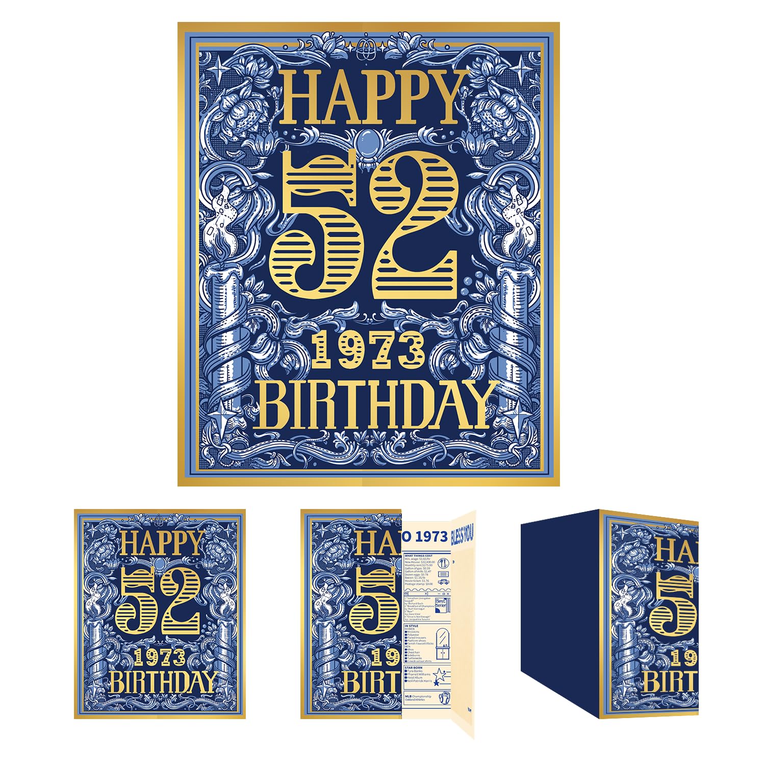 Gcardist 2025 52nd Birthday Greeting Card, 52 Years Old Birthday Gift Card,Memory Back In 1973,Vintage Blue Gold（Envelope）