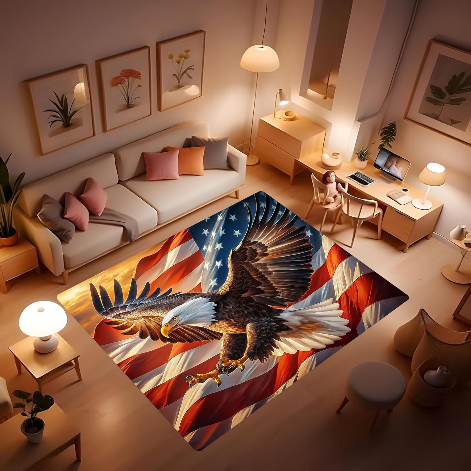 American Bald Eagle Rug, Animal Print, 24x36inch, Flag Art, Machine Made, Flannel Soft, Foldable, Indoor use, Waterproof, Adult, Contemporary Style