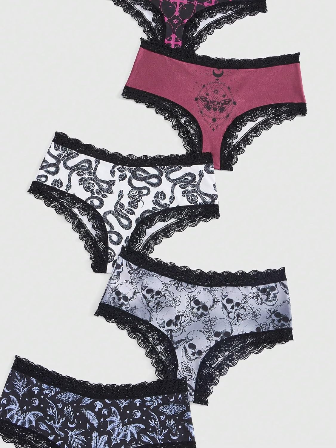 WDIRARA Women's 5 Pack Set Goth Graphic Print Mesh Sheer Lace Trim Mid Rise Underwear Briefs - Image 2