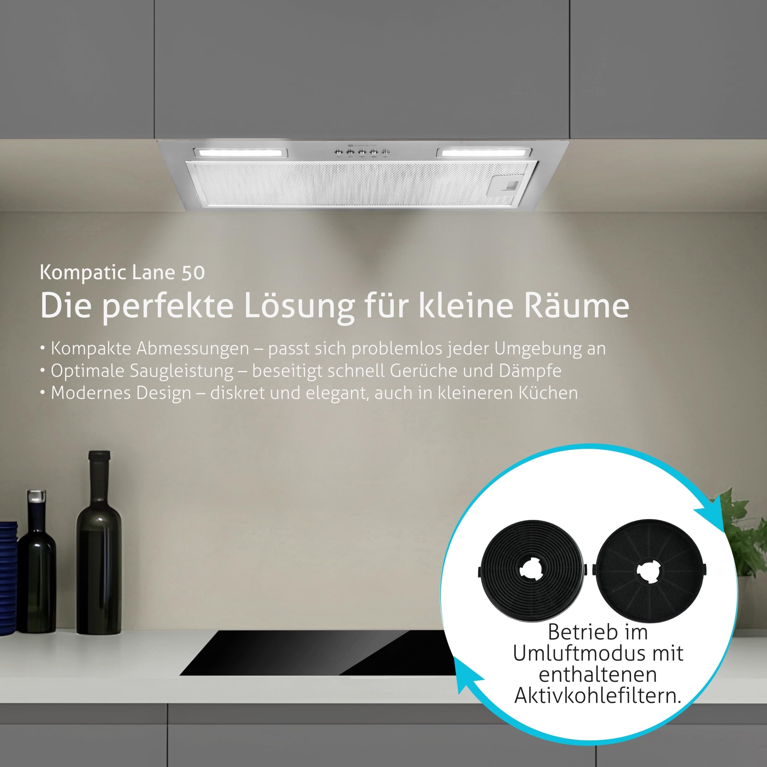 Lane 50 KLN50SIEinbau Dunstabzugshaube, A+++, 50 cm, 450 m³/h, Aktivkohlefilter KCF4 inklusive, Abluft/Umluft, Elektronische Steuerung, LED-Beleuchtung, 3 Stufen + Boost, Silber