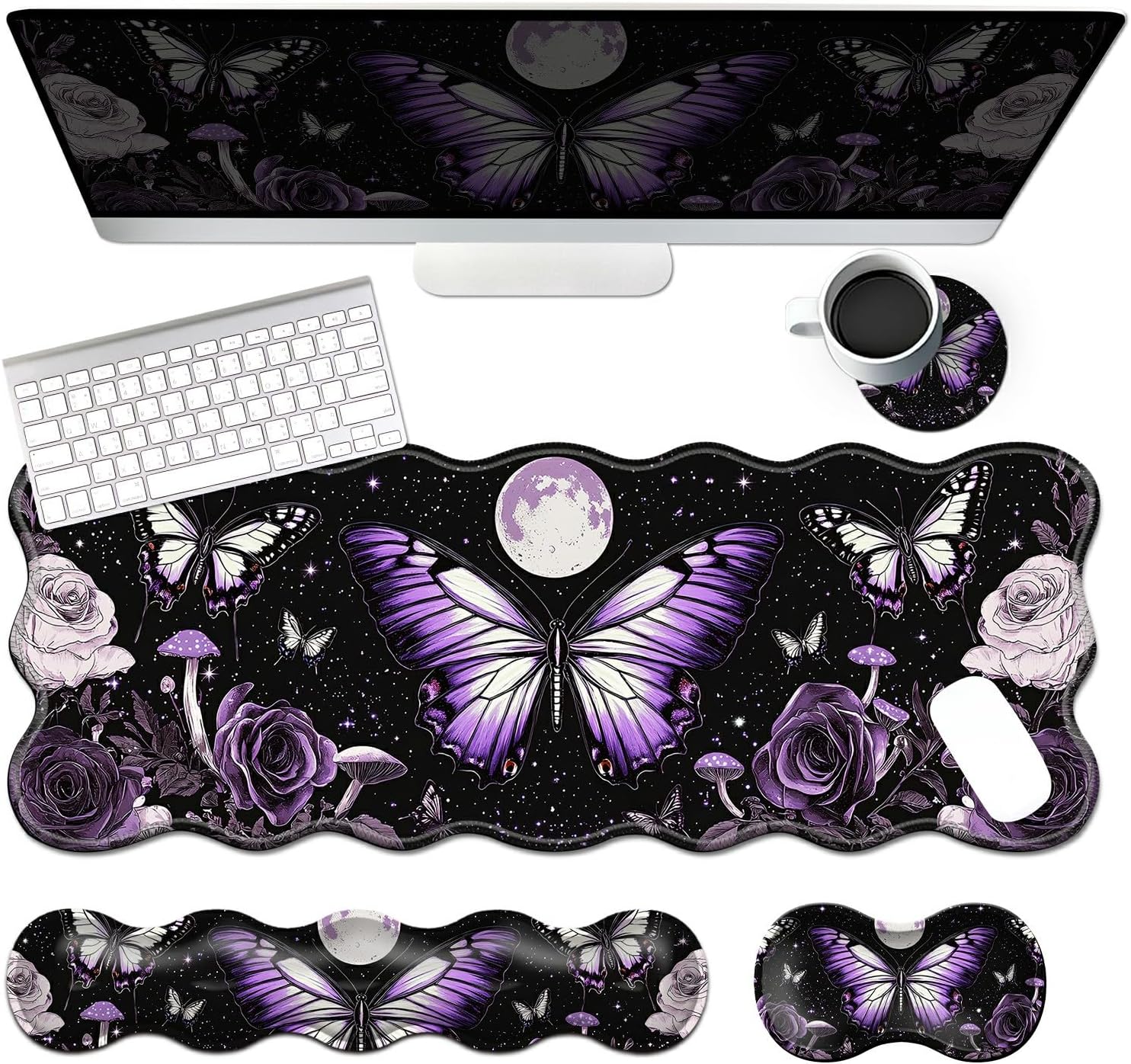 4-Piece XXL Gaming Mouse Pad Set (31.5"x11.8") with Keyboard Wrist Rest, Mouse Wrist Support & Coaster,Ergonomic Non-Slip Desk Mat for Office & Home,Purple Butterfly Flower