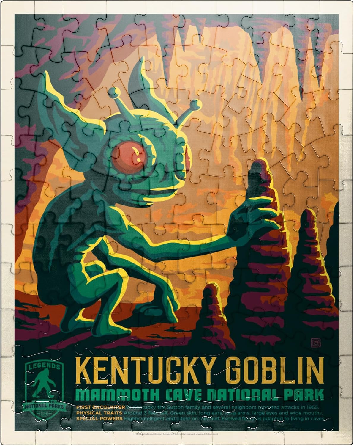 MyPuzzle Legends of The National Parks: Mammoth Cave's Kentucky Goblin, Vintage Poster - Premium 100 Piece Jigsaw Puzzle for Adults