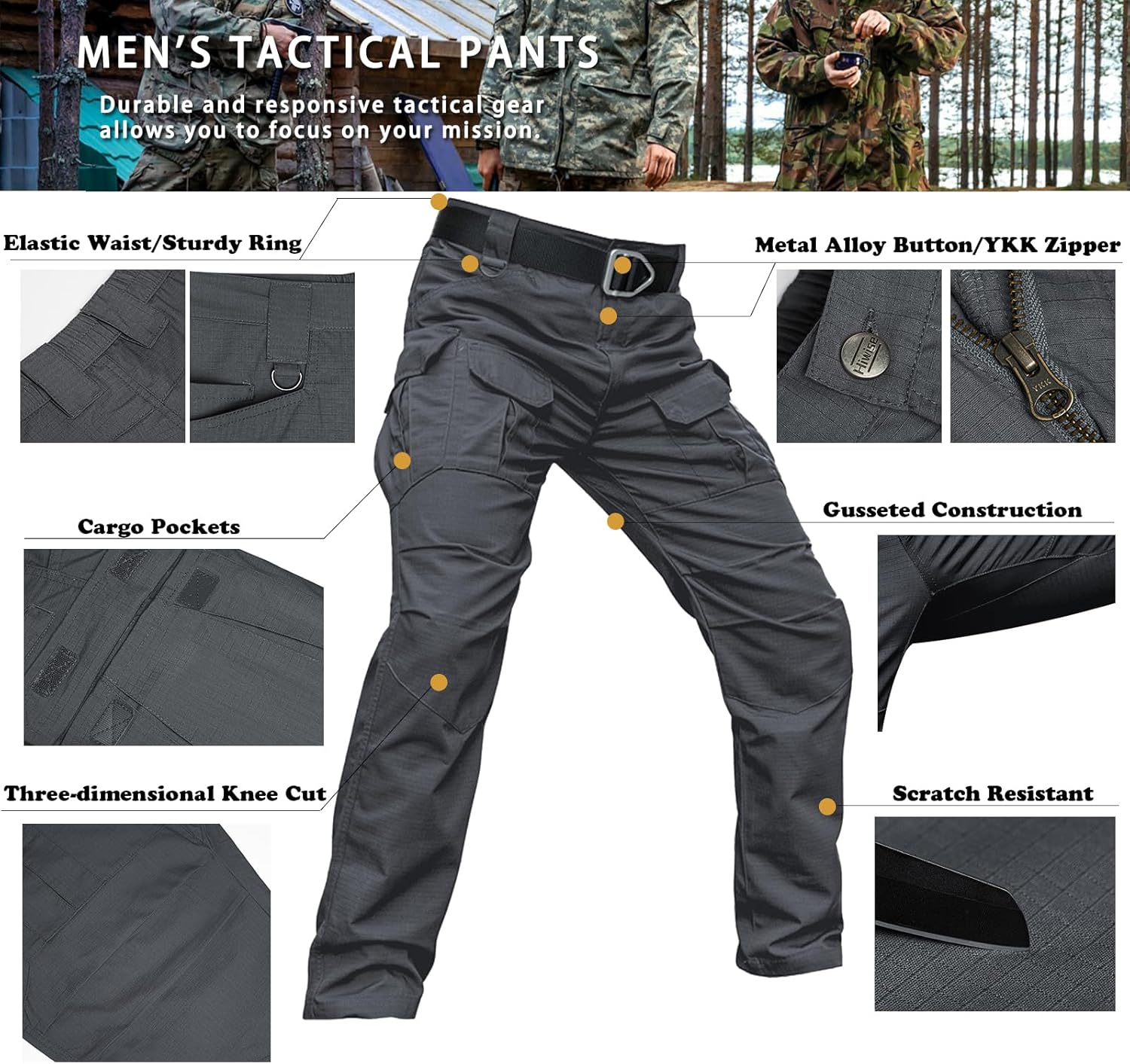 Men's Stretch Tactical Pants Water Resistant Ripstop Cargo Pants Outdoor Lightweight EDC Work Hiking Pants - Image 6