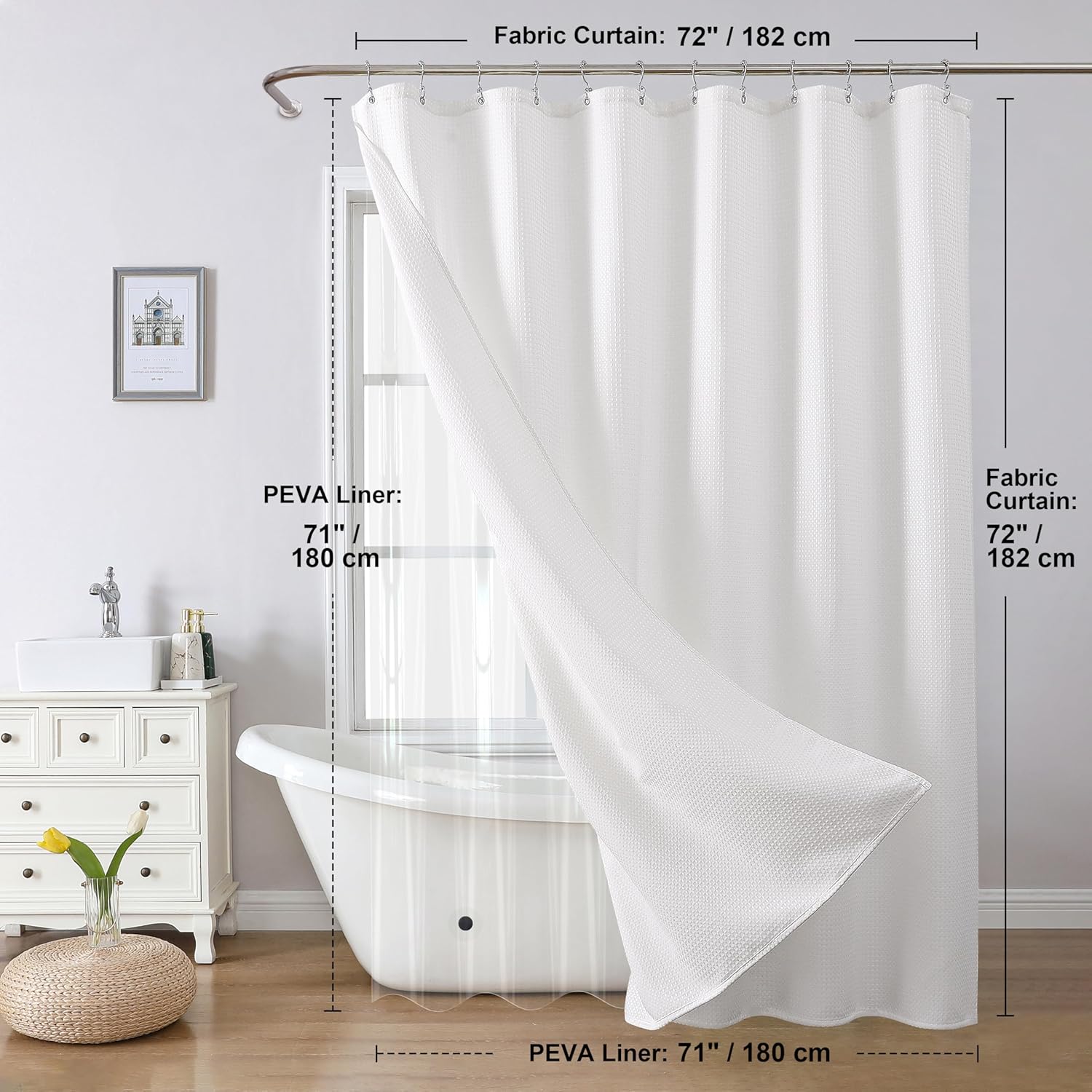VANZAVANZU All-in-One Shower Curtain Set for Bathroom Enhanced 3D Waffle Fabric Shower Curtain with PEVA Waterproof Liner & 12 Upgraded Anti-Fall Hooks Heavy Duty Bath Tub Curtain 72"x72" (White)