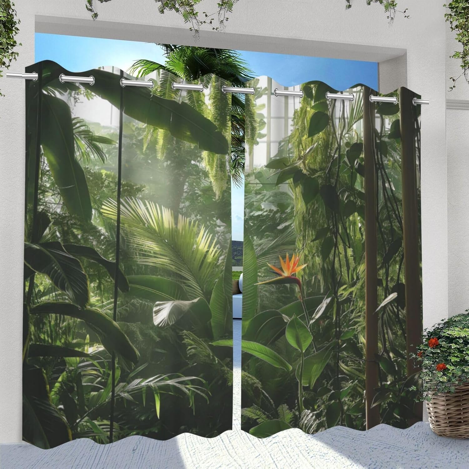 Tropical Rainforest theme Waterproof Outdoor Curtains for Patio,Bush Bird Of Paradise Plant pattern,Privacy Curtains for Porch Pergola Arbor Lanai Pool House Outside Deck,2 Panels,54 x 84 inch,Green