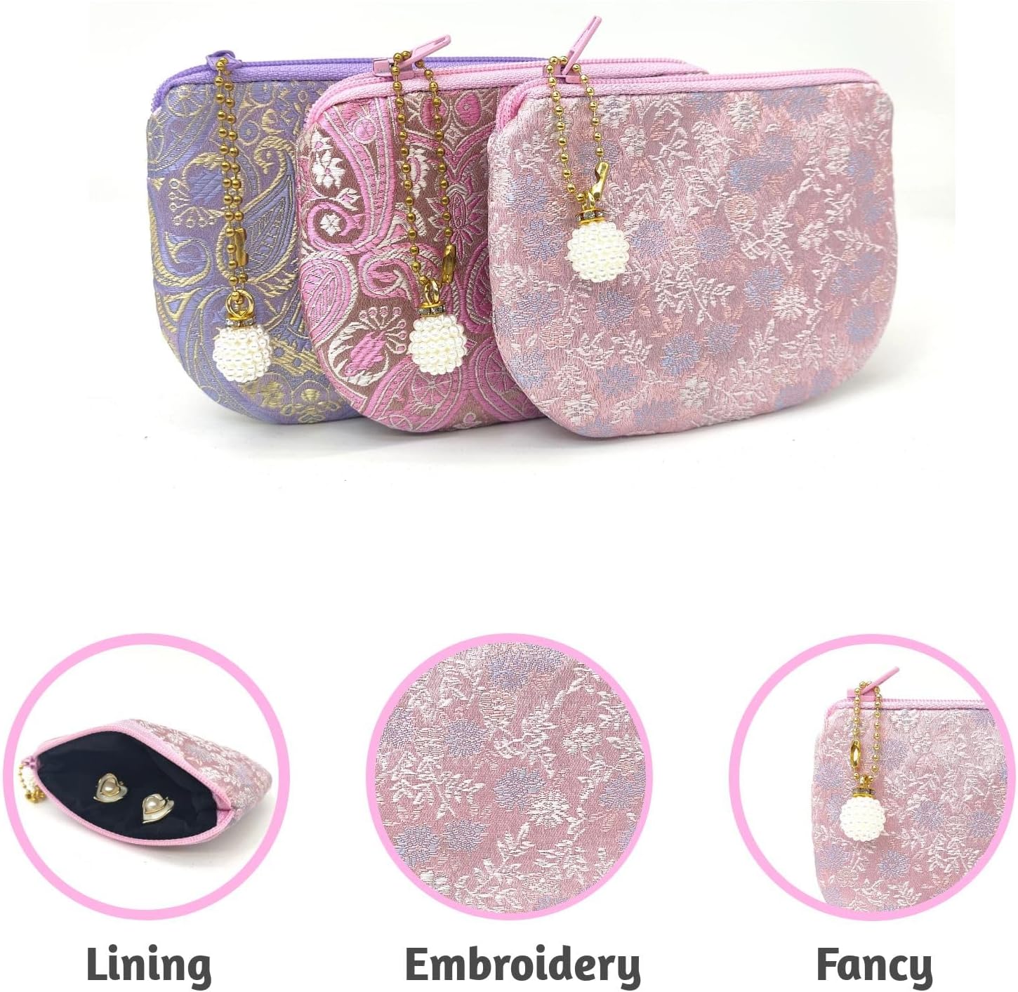 Handmade Rosary Pouch Women Coin Purse Silk Jewelry Bag Brocade Zipper Wallet - LightPink