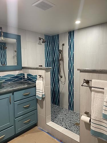 Miniatura 9 de Hominter Azulejo entrelazado de guijarros de porcelana azul turquesa azul aguamarina montado en malla de 12 x 12 pulgadas, azulejos de cerámica