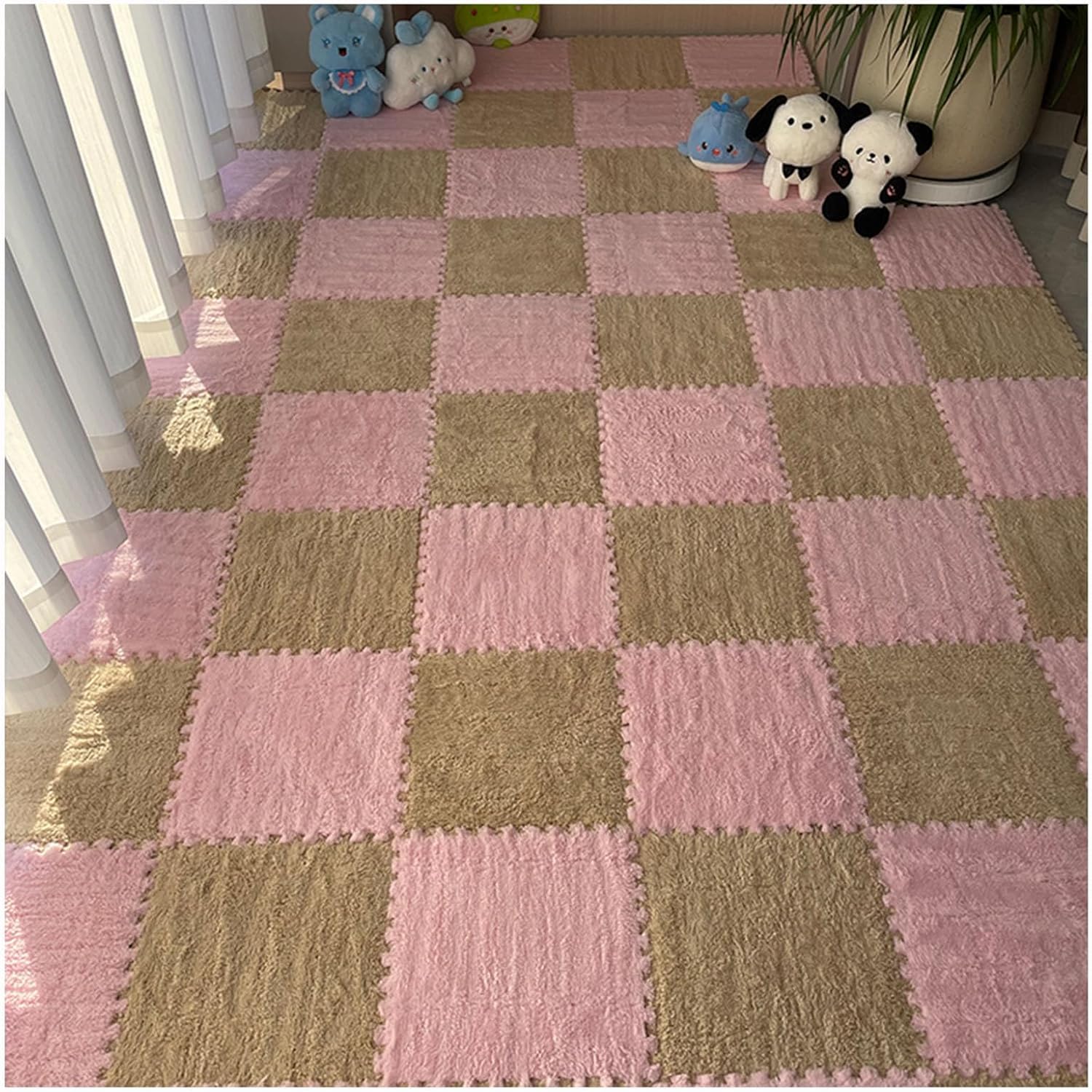 JvFbjLF Plush Carpet Puzzle Mats For Floor Interlocking Foam Floor Mat 30x30cm Carpet Square Fluffy Foam Tiles(Pink+Apricot)