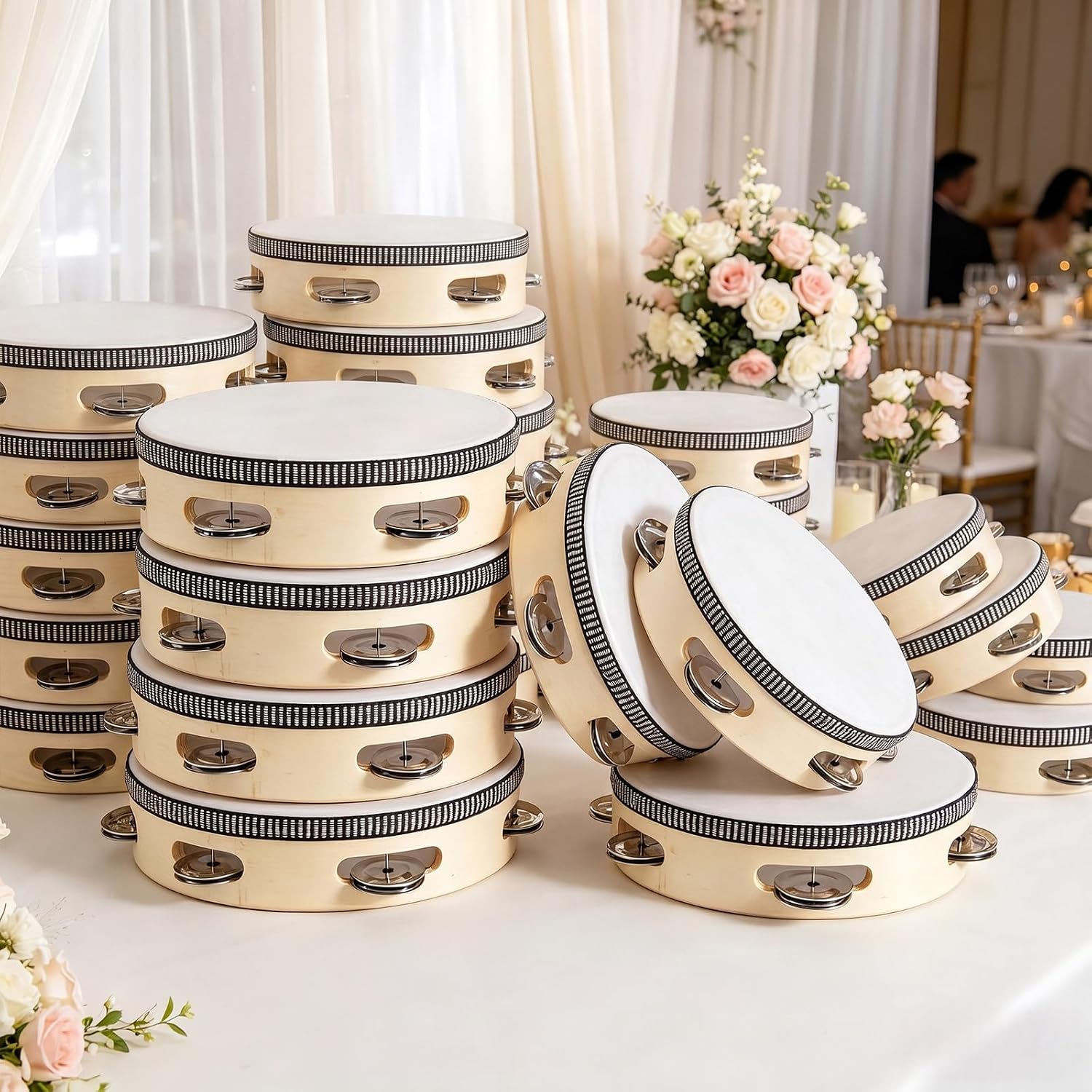 120 Pcs 4 Inch Wedding Tambourine Bulk Drum for Adults Wooden Hand Held Tambourines with Metal Jingles Musical Educational Drum Instrument Percussion Gift Church Wedding Party Favor Games