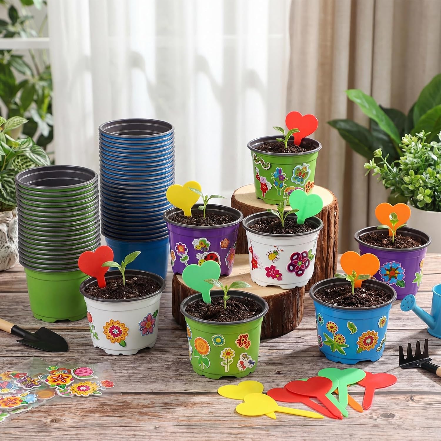 100 Sets Garden Pot Craft Kit, Flower Plant Spring Craft Including Plastic Nursery Plant Pots Labels Tags Stickers for DIY Flower Planting Growing Birthday Arts Kit (Cute)