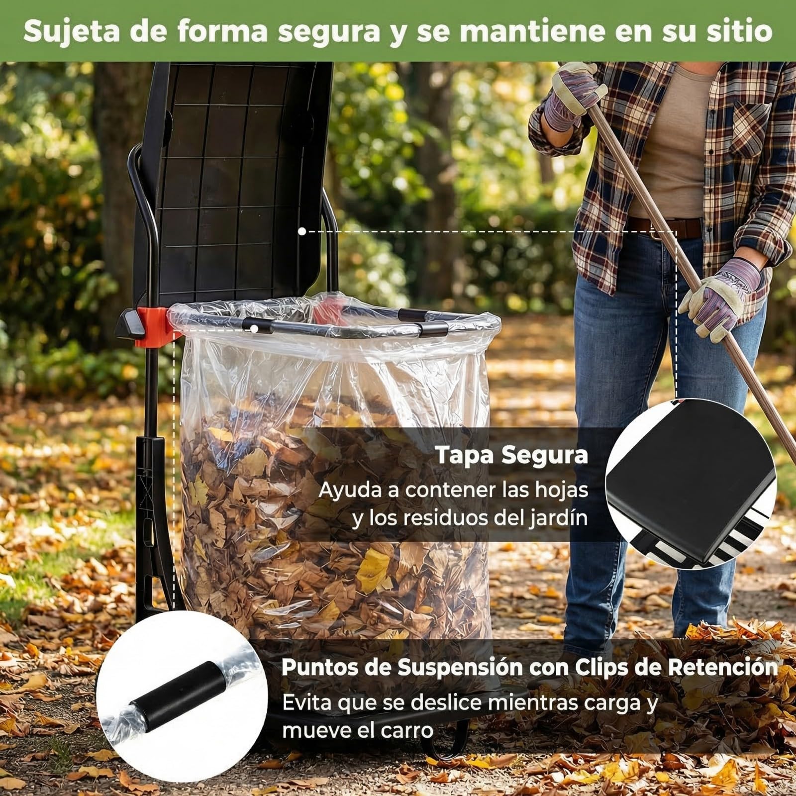 COSTWAY Carro para Bolsas de Basura, Carro Saco Jardín con Ruedas, Tapa con Altura Ajustable, Estructura de Metal, para Interior y Exterior, Soporte para Bolsas de Basura para Césped, Residuos