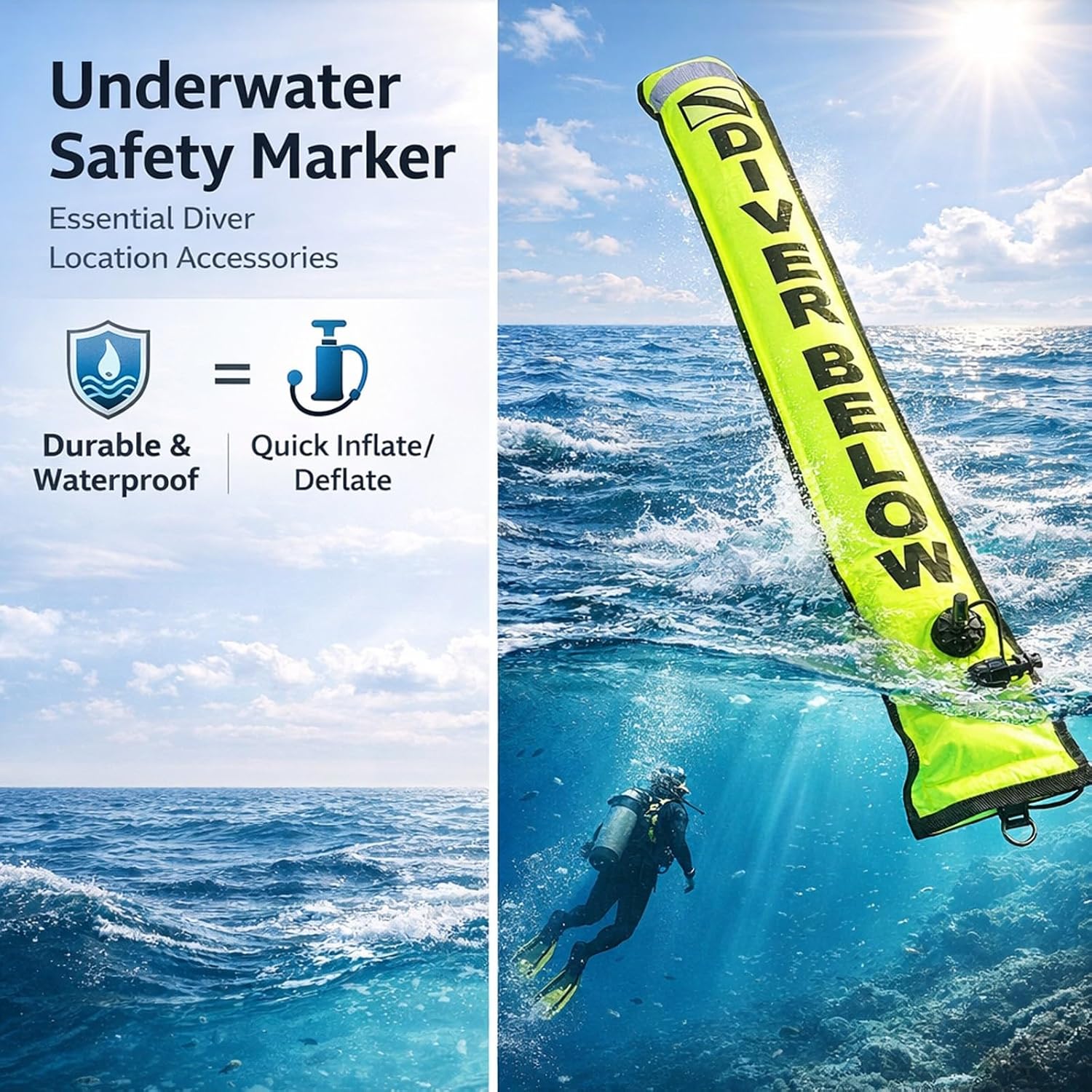 Inflatable Scuba Diving Surface Signal Marker Buoy 5FT Red, High Visibility for Safety, Durable Explosion - Proof Material - Easy Inflate Deflate, Reflective Strip, Ideal Scuba