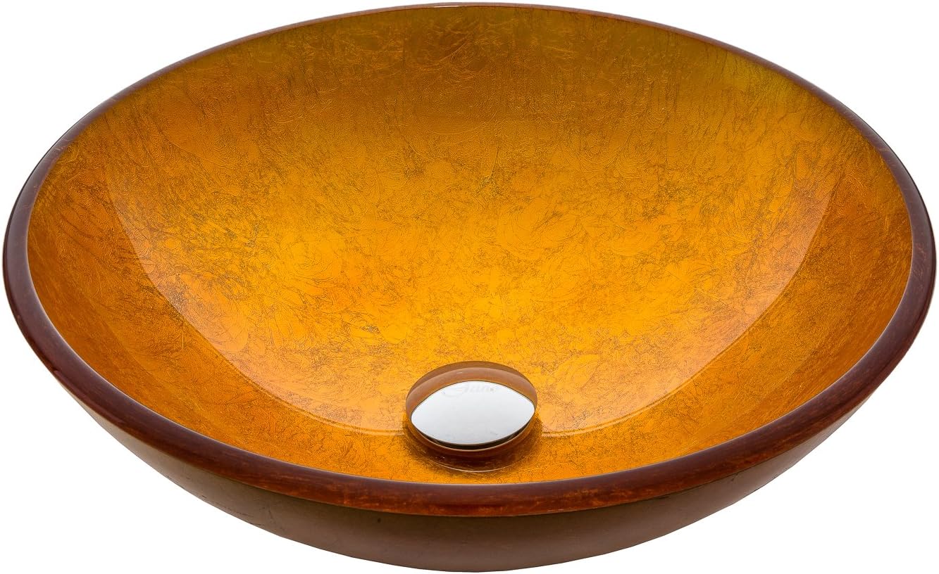 Jano JGV12 Elegant Gold Foil Tempered Glass Vessel Bathroom Sink With Pop-up Drain