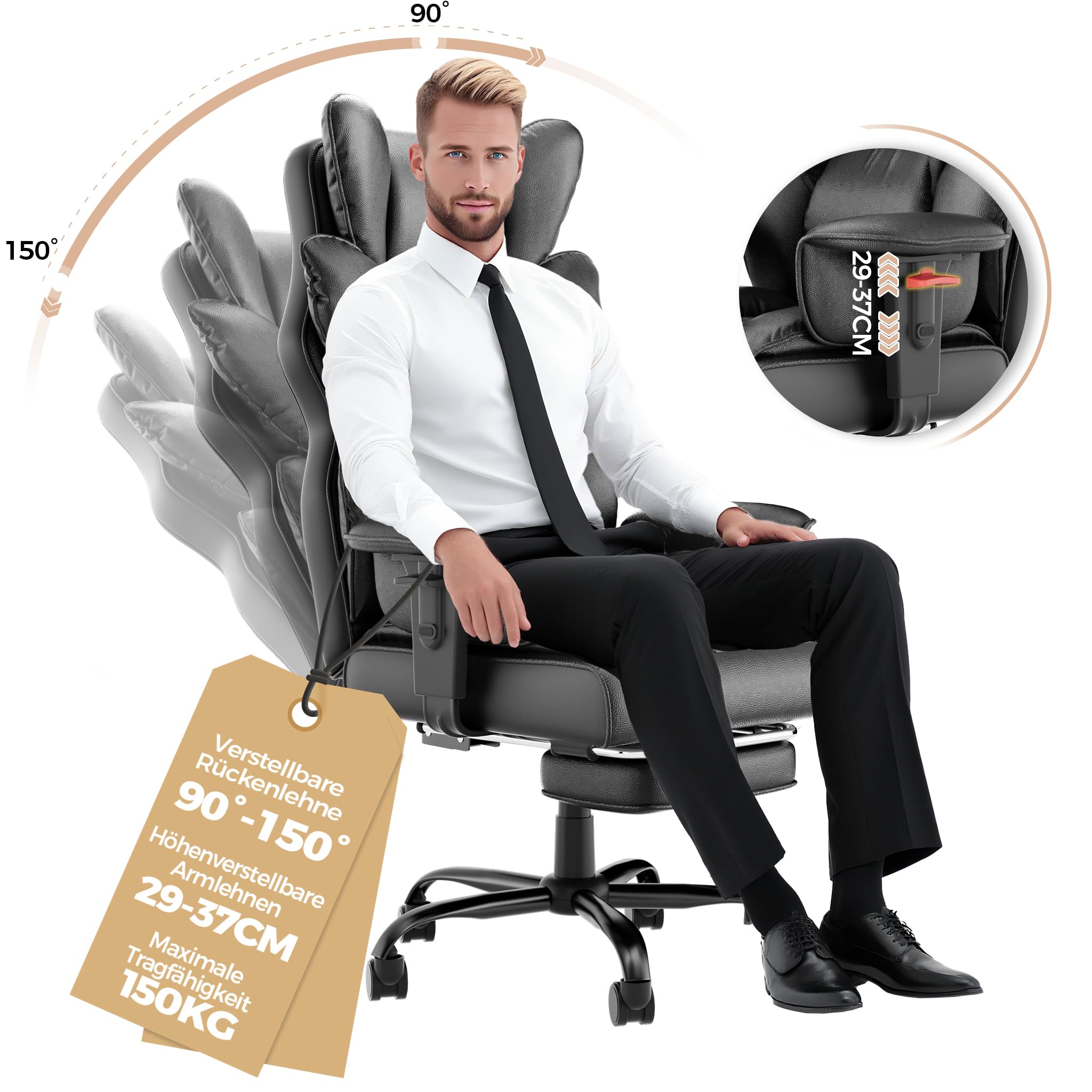 LZQ Silla de oficina ergonómica de piel con reposapiés, silla de ordenador para videojuegos de poliuretano, respaldo ajustable de 90 a 150°, reposabrazos ajustables en altura, soporta hasta 150 kg