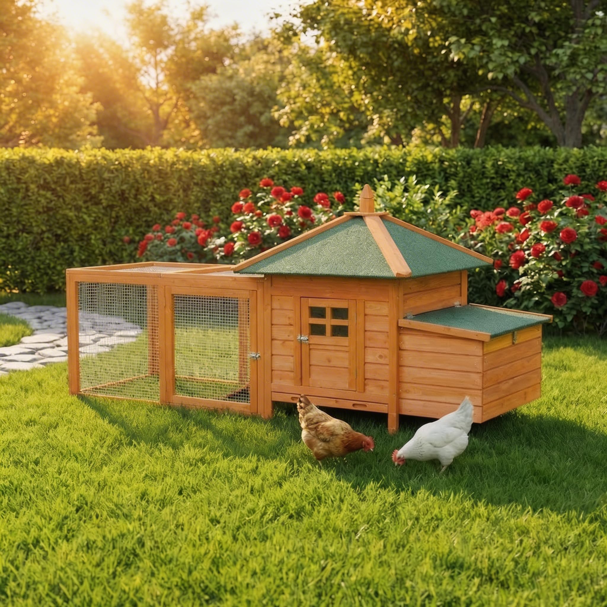 Miweba MyAnimal Hühnerstall für 3 Hühner | 206x73x123 cm Winterfest - Vogelhaus - Hühnergehege mit Nistkasten - Voliere - Hühnerhaus - Freilaufgehege Huhn - Legenest - Vogelvoliere - Gehege (Braun)