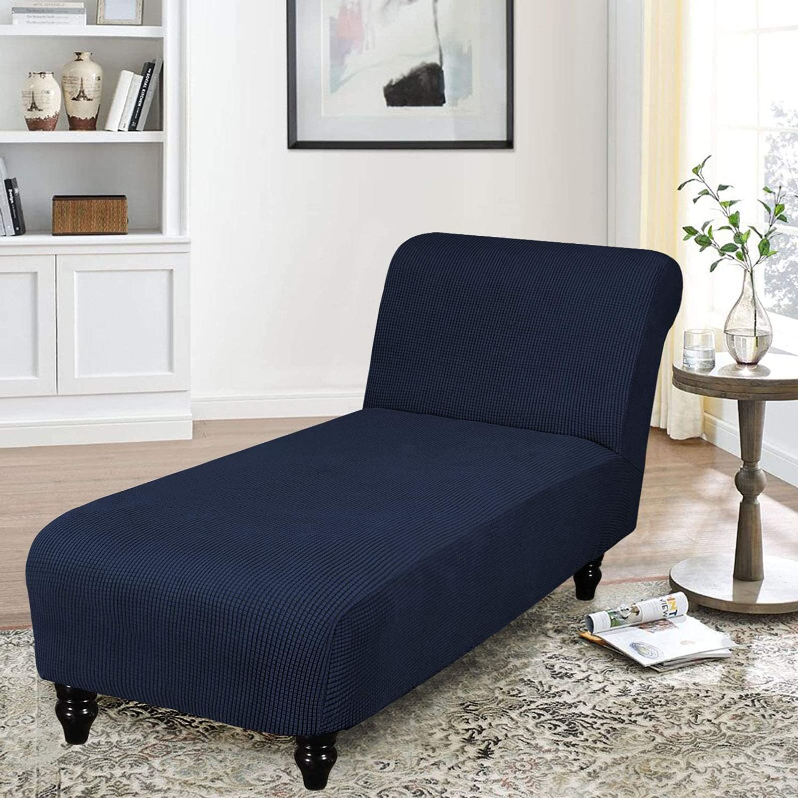 Chaise Lounge Slipcover Armless,Indoor Jacquard Chaise Chair Covers Stretch Non Slip Washable Furniture Protector for Living Room-Navy-One Size