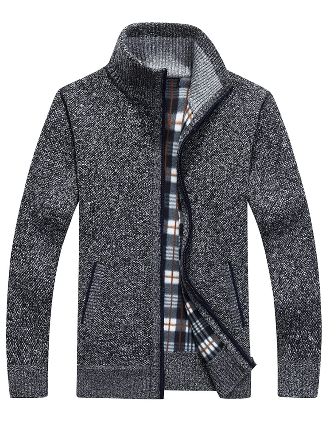 Sukany Men's Casual Stand Collar Cardigans Slim Fit Full Zip Thick Knit Sweaters with Pockets Grey S