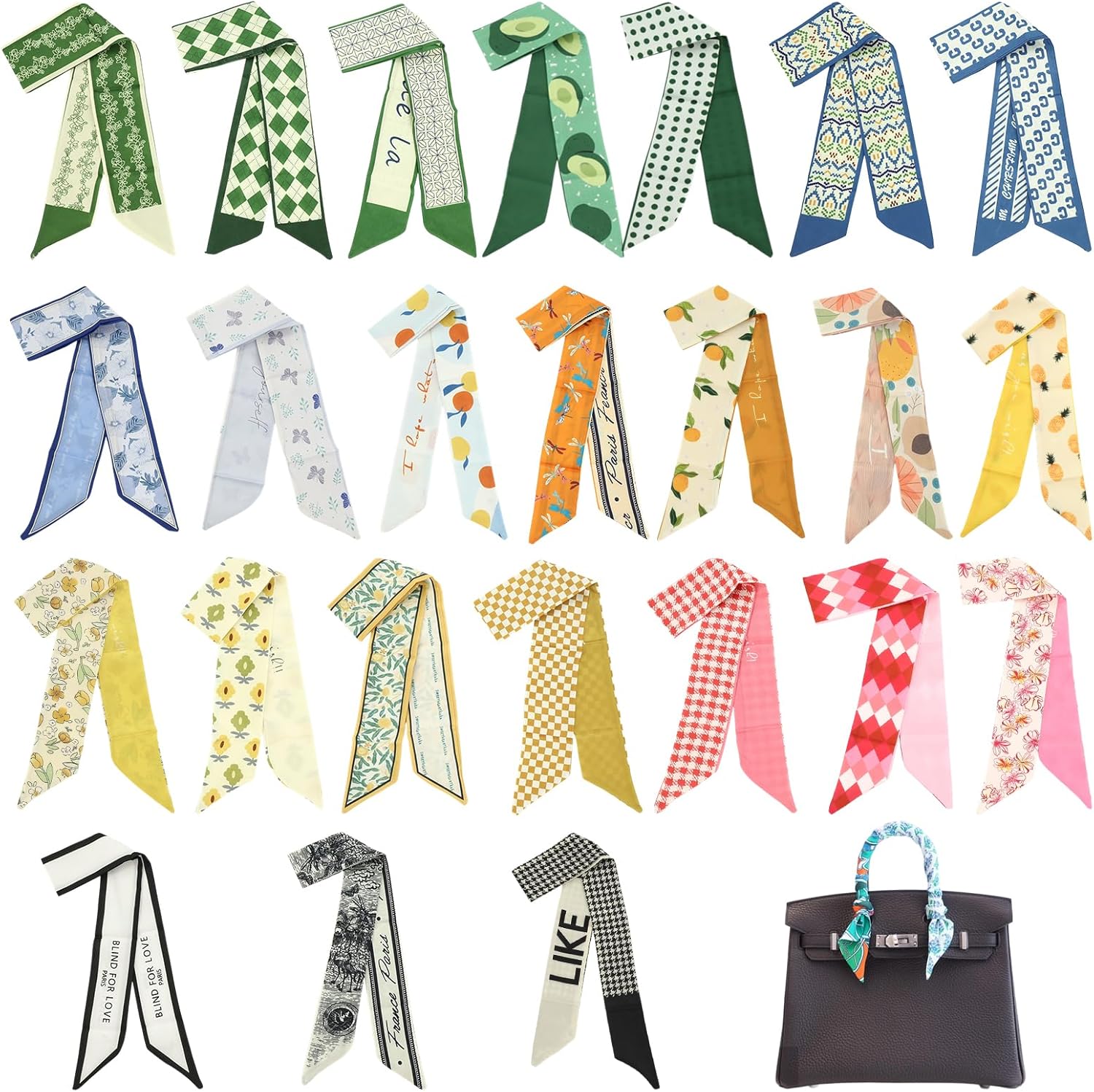24-Pack Satin Purse Charms Set, Headband Neck Wrist Waist Decorative Fashion Gifts, Purse Scarf for Handbags & Cute Headbands for Women