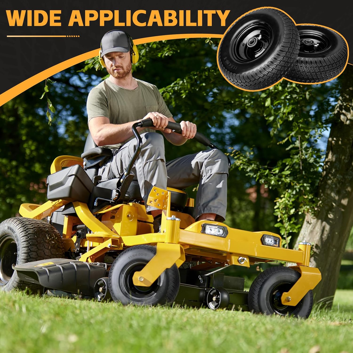 11x4.00-5 Flat Free Lawn Mower Tires, Zero Turn Mower Front Tires, 11x4-5 Solid Lawn Tractor Wheel with Rims, 3/4" or 5/8" & 1/2" Precision Bearings, 3.4"-3.9"-4.9"-5.9" Center Hub (2 Pack Black)