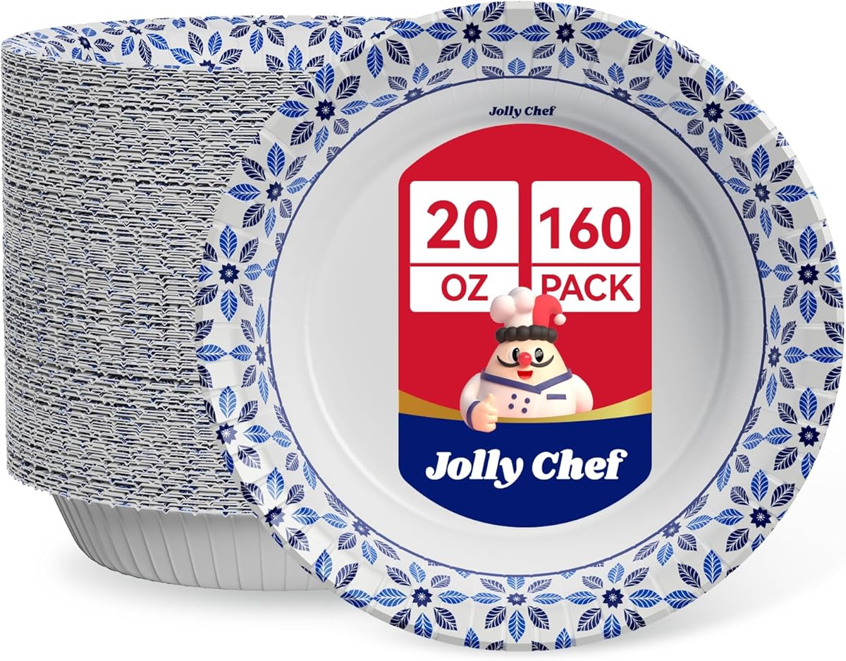 JOLLY CHEF 160 Count Paper Bowls 20 oz Soak Proof, Heavy Duty Printed Disposable Bowls Bulk for Dinner or Lunch…