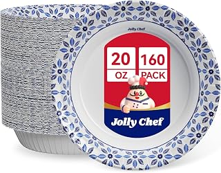 Jolly Chef 160 Pack 20oz Soak Proof Heavy Duty Disposable Paper Bowls - Printed Bulk for Parties, Picnics, Dinners