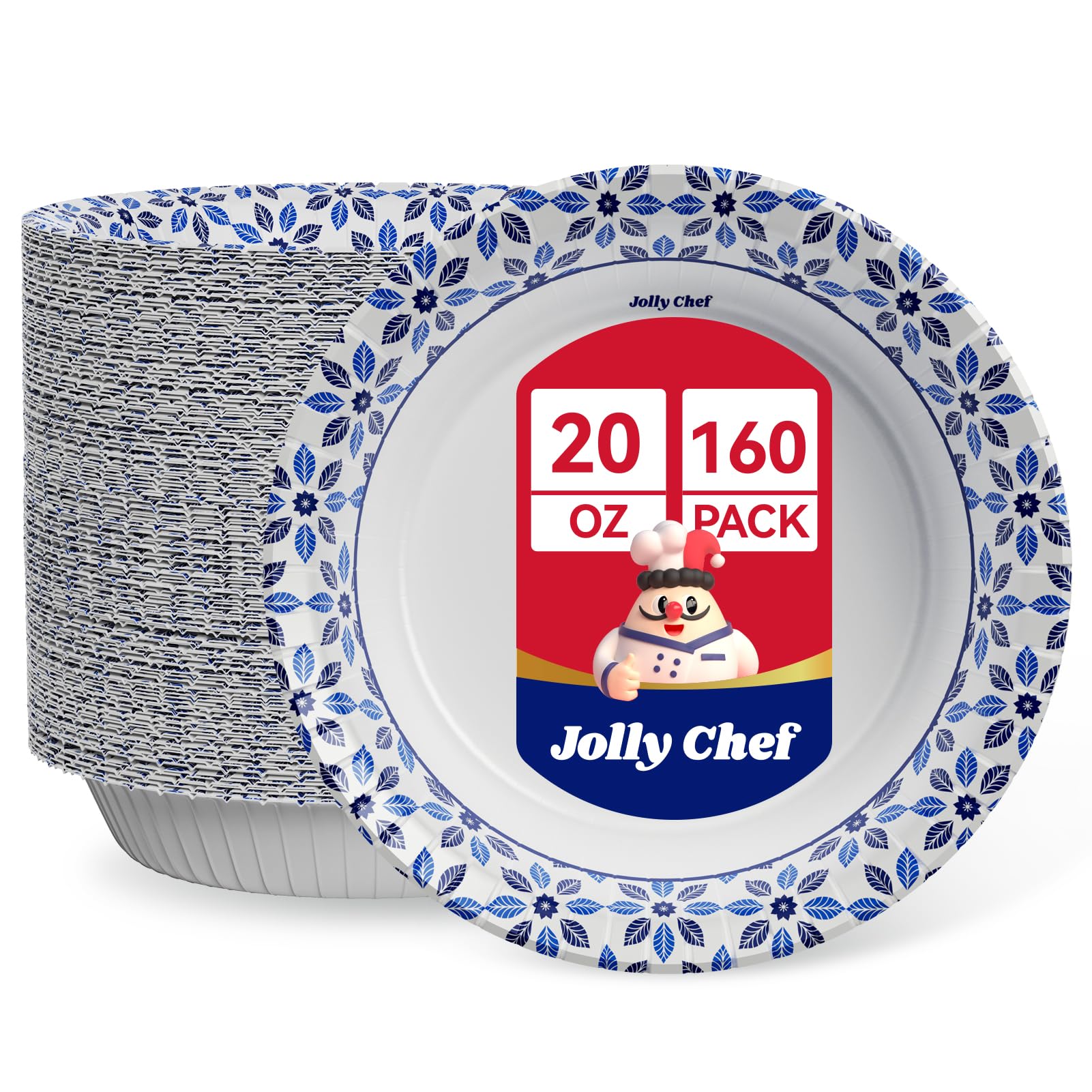 JOLLY CHEF 160 Count Paper Bowls 20 oz Soak Proof, Heavy Duty Printed Disposable Bowls Bulk for Dinner or Lunch