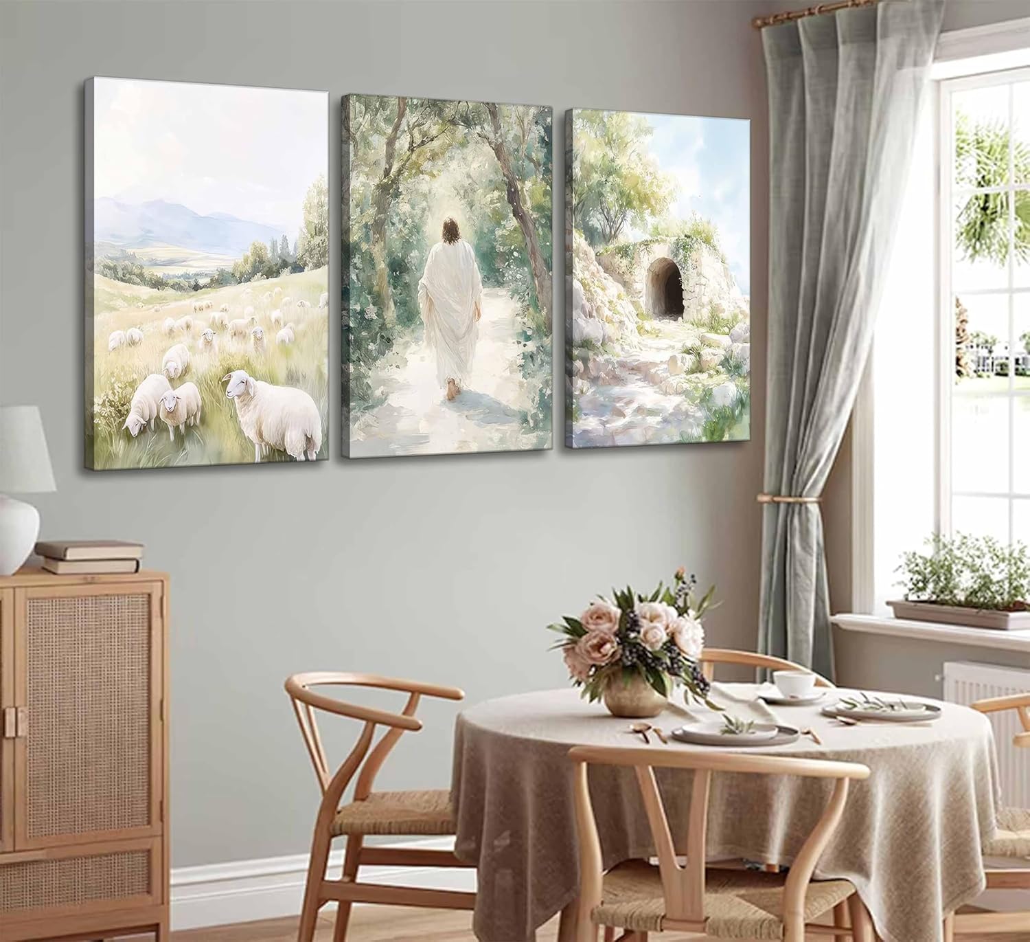 3 Pcs Christian Canvas Wall Art Modern Christian Bible Sheep Jesus On The Way Empty Tomb Painting Picture Wall Decor Bible Sketch Poster Prints for Office Living Room Bedroom Home Decoration