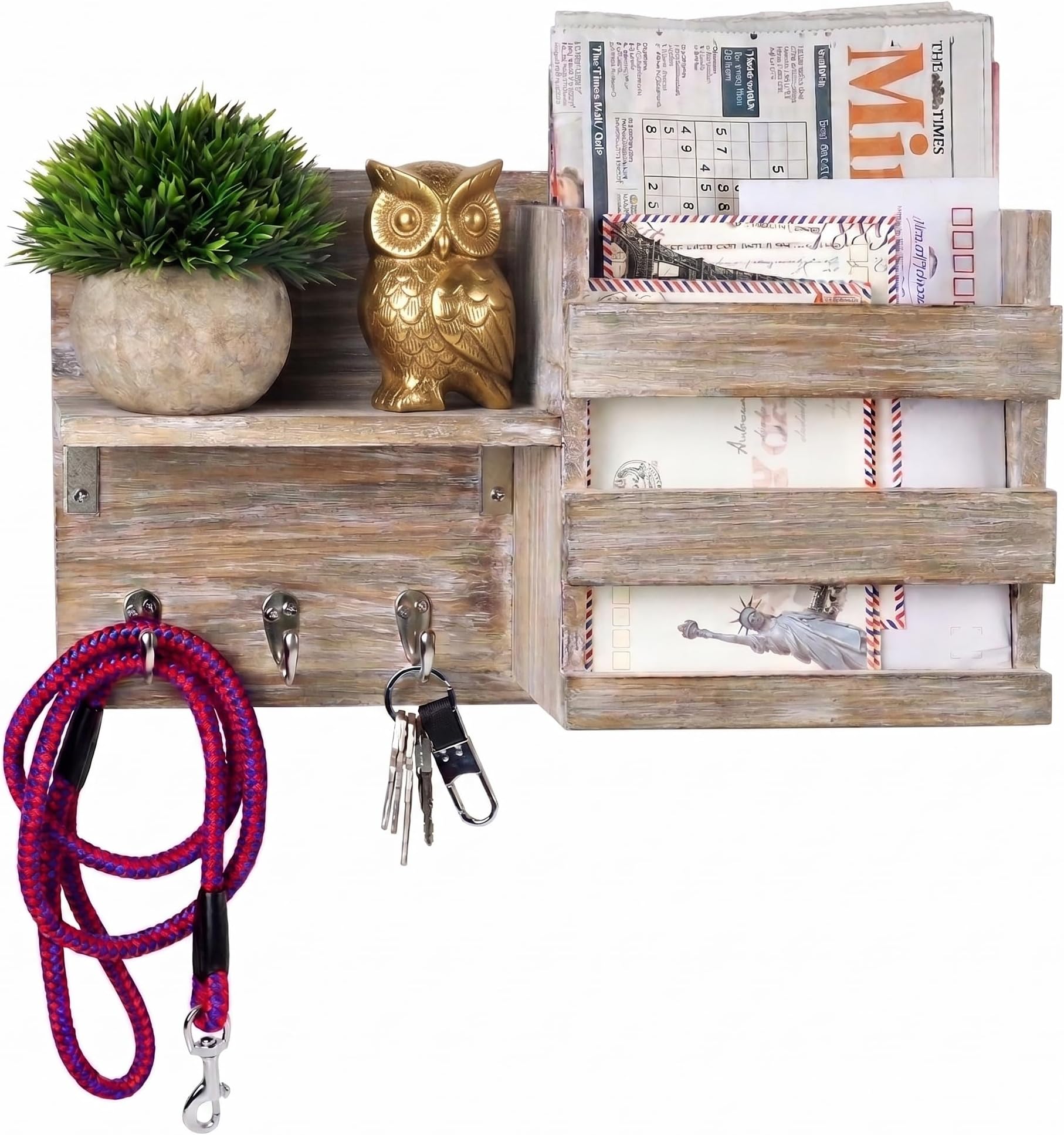 Wall Mount Country Rustic Torched Wood Entryway Mail Envelope Organizer Key Holder Hooks, Leash Hanging, Coat Rack, Letter & Newspaper Storage, Ornament Home Decorative Floating Shelf (beige)