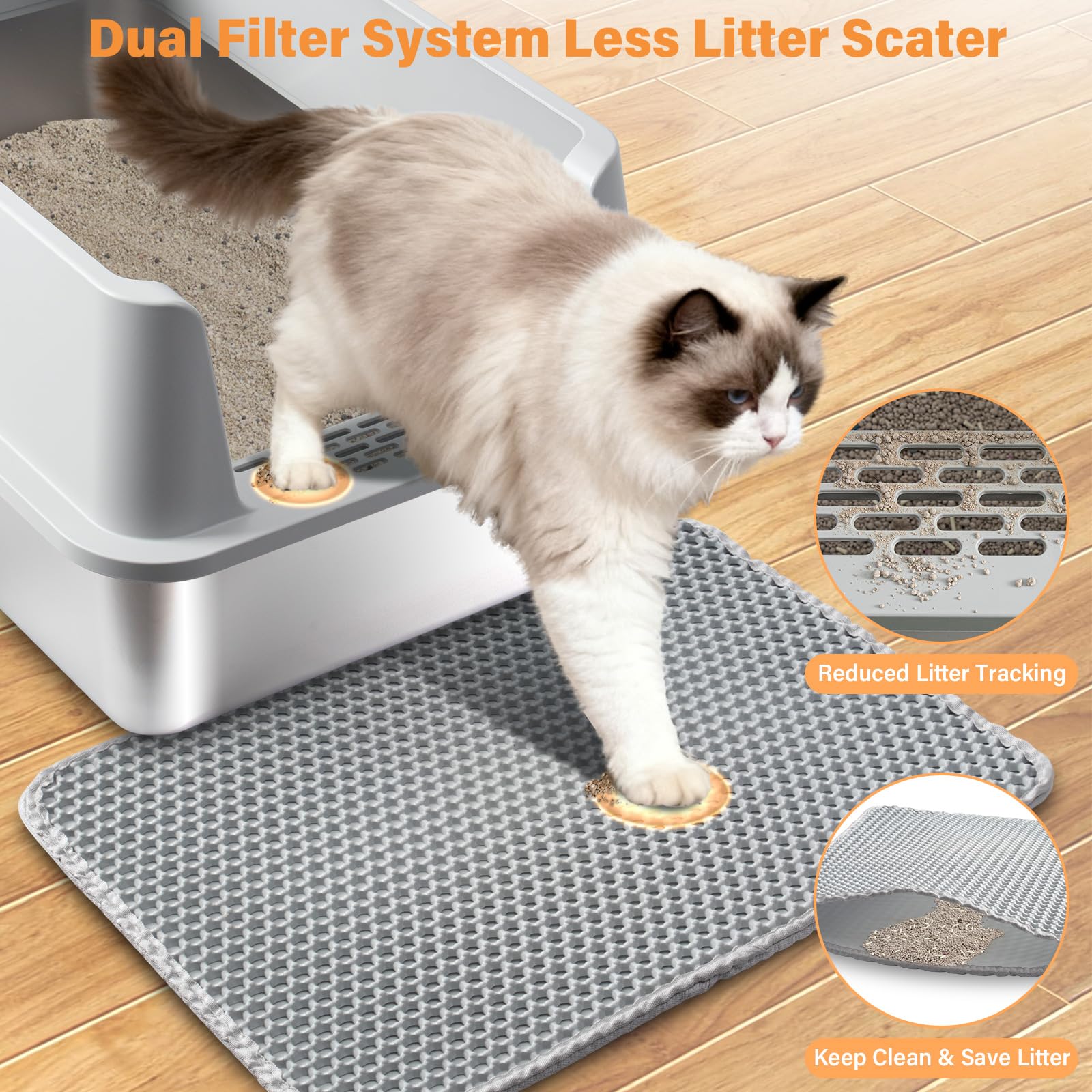 2PACK Stainless Steel Litter Box, XL Cat Litter Box with Lid for Big Cat, Extra Large Metal Litter Boxes with High Side, Non-Stick, Odor-Resistant, Anti-Urine Leakage, Includes Mat & Scoop - image 4