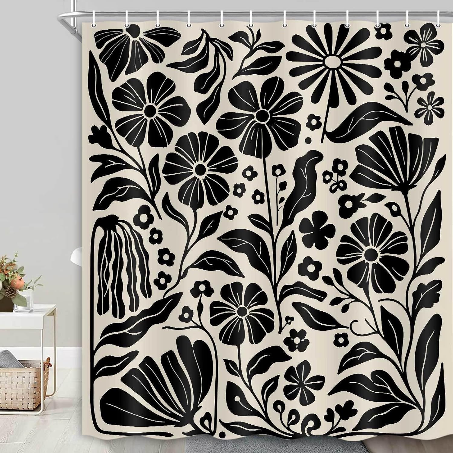 Boho Flower Floral Shower Curtain Cute Colorful Linen Abstract Shower Curtain Retro Flowers Plants Botanical Boho Shower Curtains for Bathroom with 12 Hooks 71X84 inch