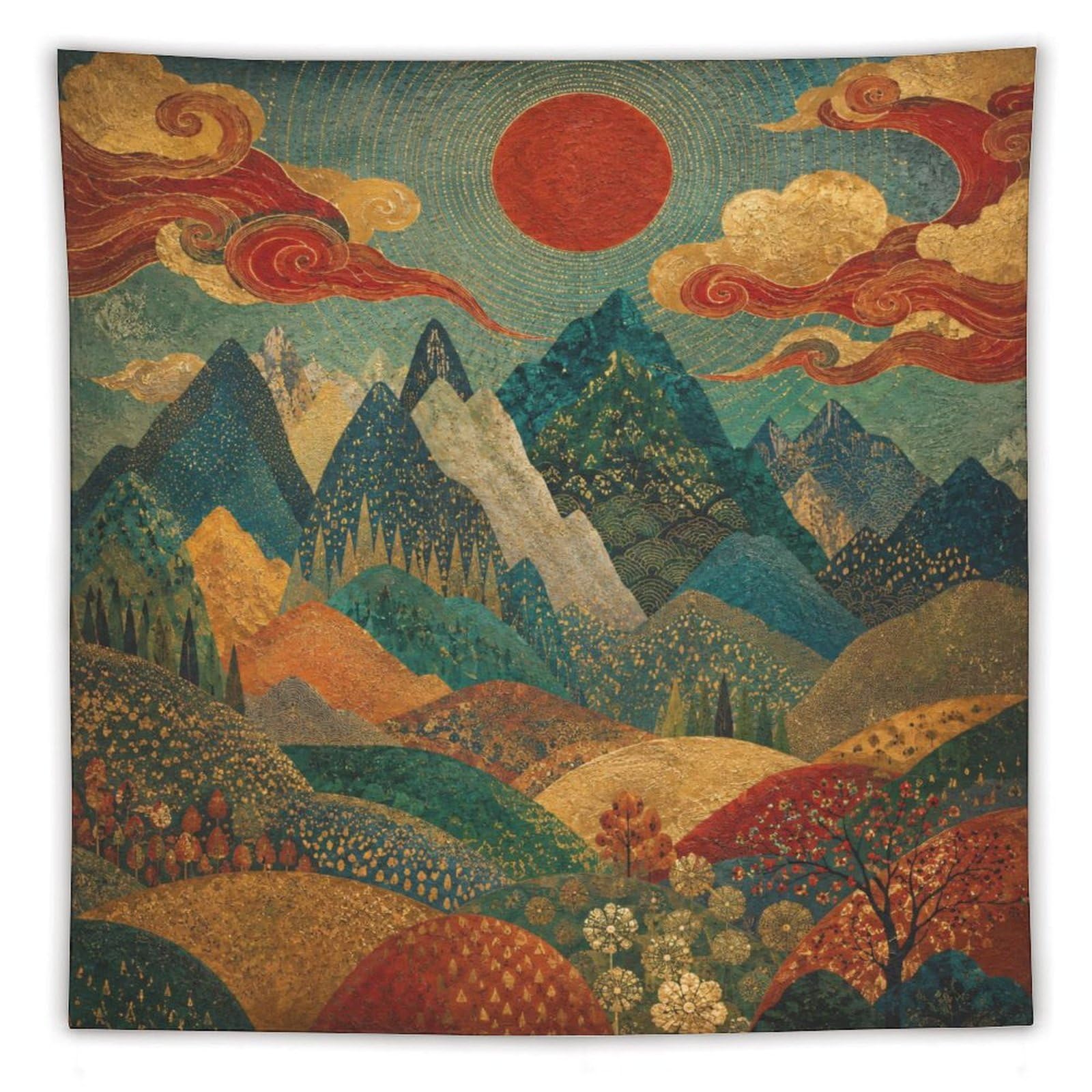 H3B8U2Y5 Mountain Valley Sunrise Wall Tapestry, Ukiyo-e, Folk Landscape