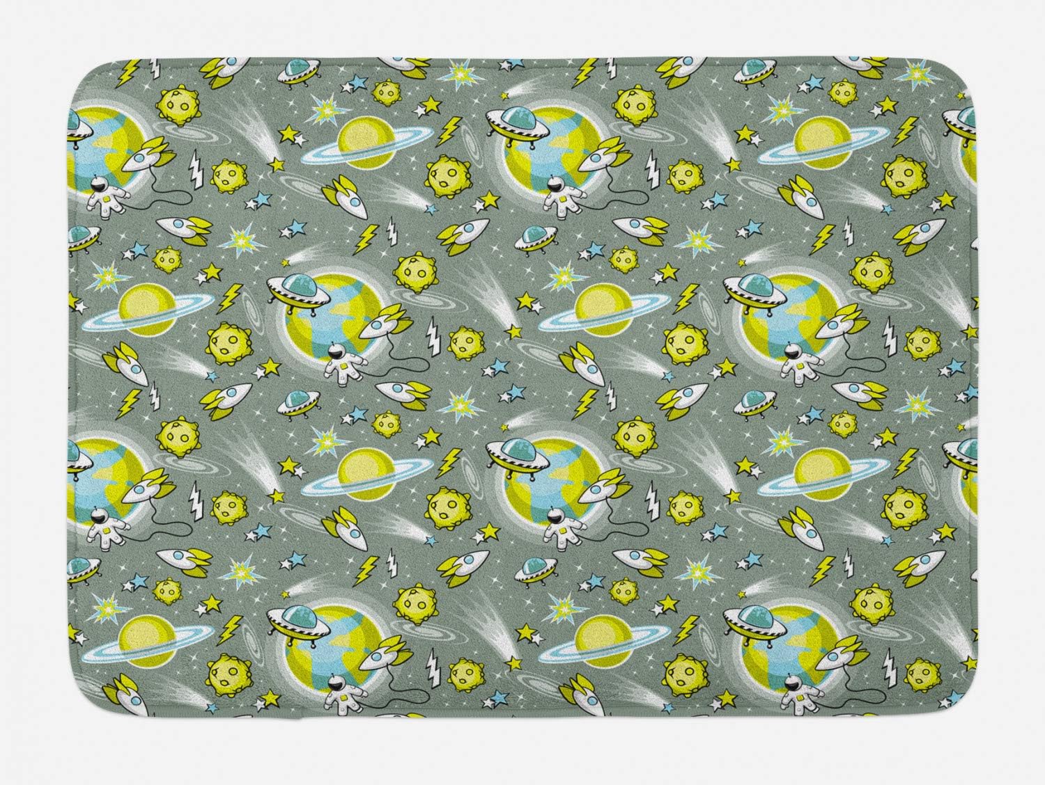 Lunarable Space Bath Mat, Outer Space Galaxy Print Rocket Ship Stars