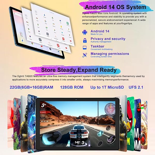 Dghrti Tablet Android 14 10 Pulgadas, 22GB RAM + 128GB ROM (TF 1TB), Octa-Core, 2.0GHz, Widevine L1, 8000mAh, Dual WiFi, 5MP+8MP, Carcasa MetÃlica, Tablet 2 en 1 con Teclado y Ratón-Azul - 3
