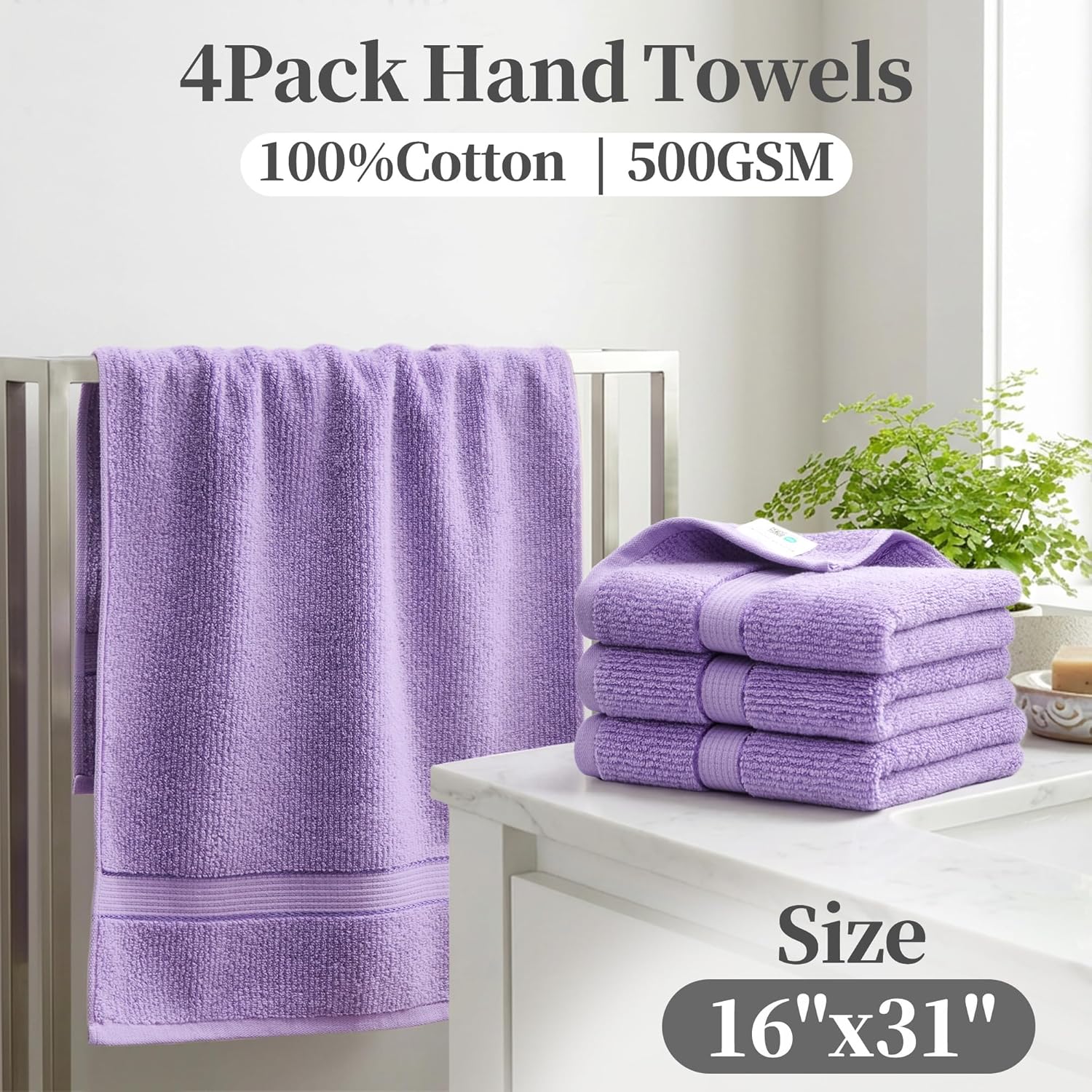 VOOVA & MOVAS 4-Piece Hand Towel Set, 100% Cotton, 32"x16" & 500 GSM - Quick Dry, Highly Absorbent, Soft Thick Towels for Bathroom, Gym, Shower, Light Purple