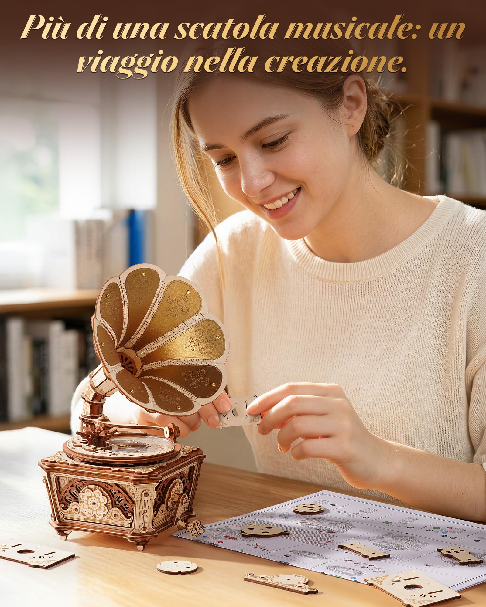 ROKR Puzzle 3D in Legno,Diva Gramophone Carillon Modellini da Costruire per Adulti,Regalo Fai Da Te per Adolescenti E Adulti