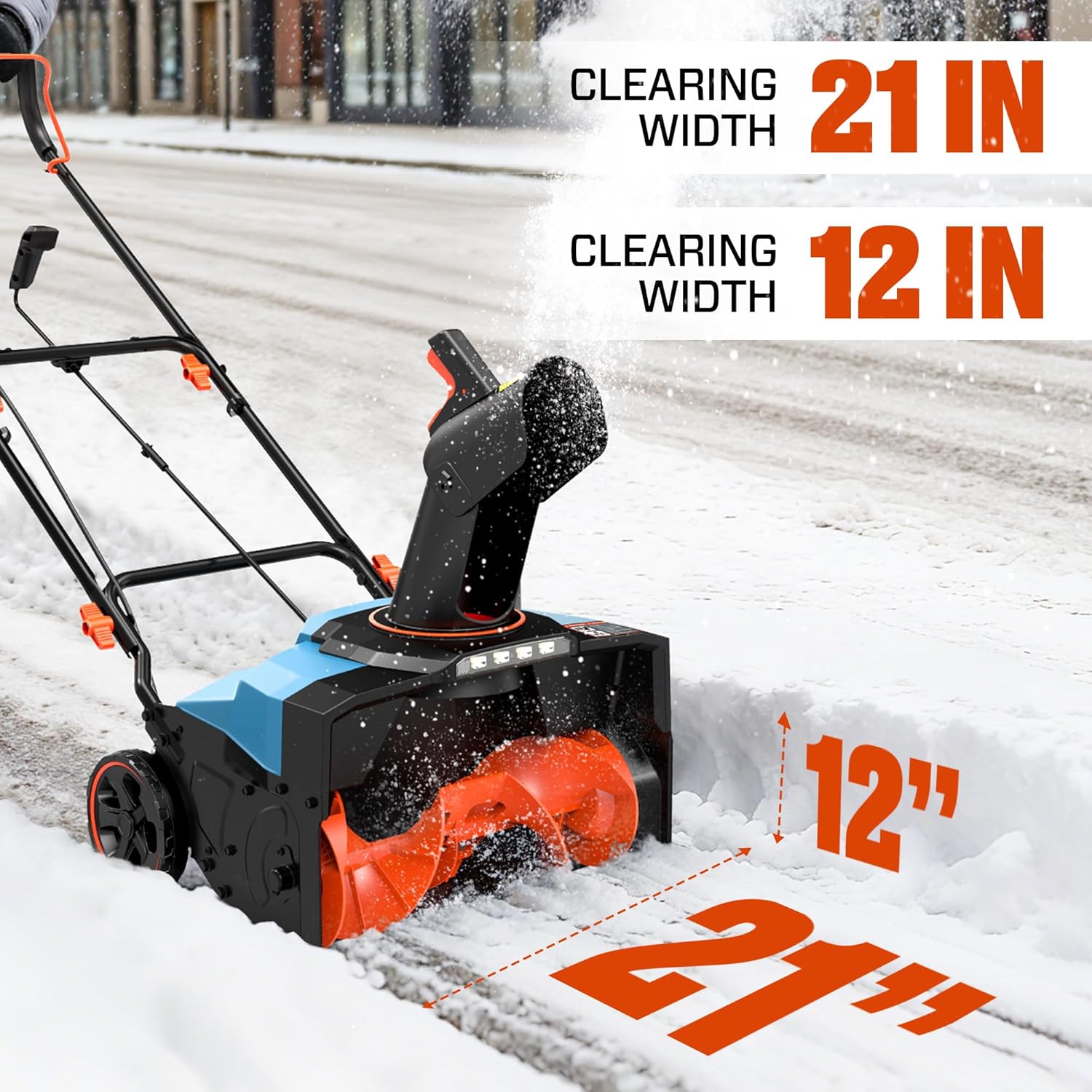 Image illustrating the 21-inch clearing width and 12-inch clearing depth of the snow blower.
