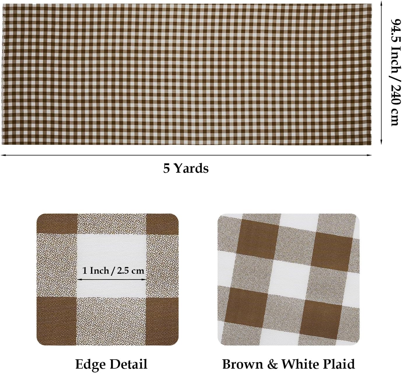 Q&J Fabric Co. Plaid Fabric 5 Yards x 94 Inch 1'' Brown Gingham Checkered Fabric by The Yard Precut Patchwork Sewing for DIY Craft Sewing Home Christmas Decoration