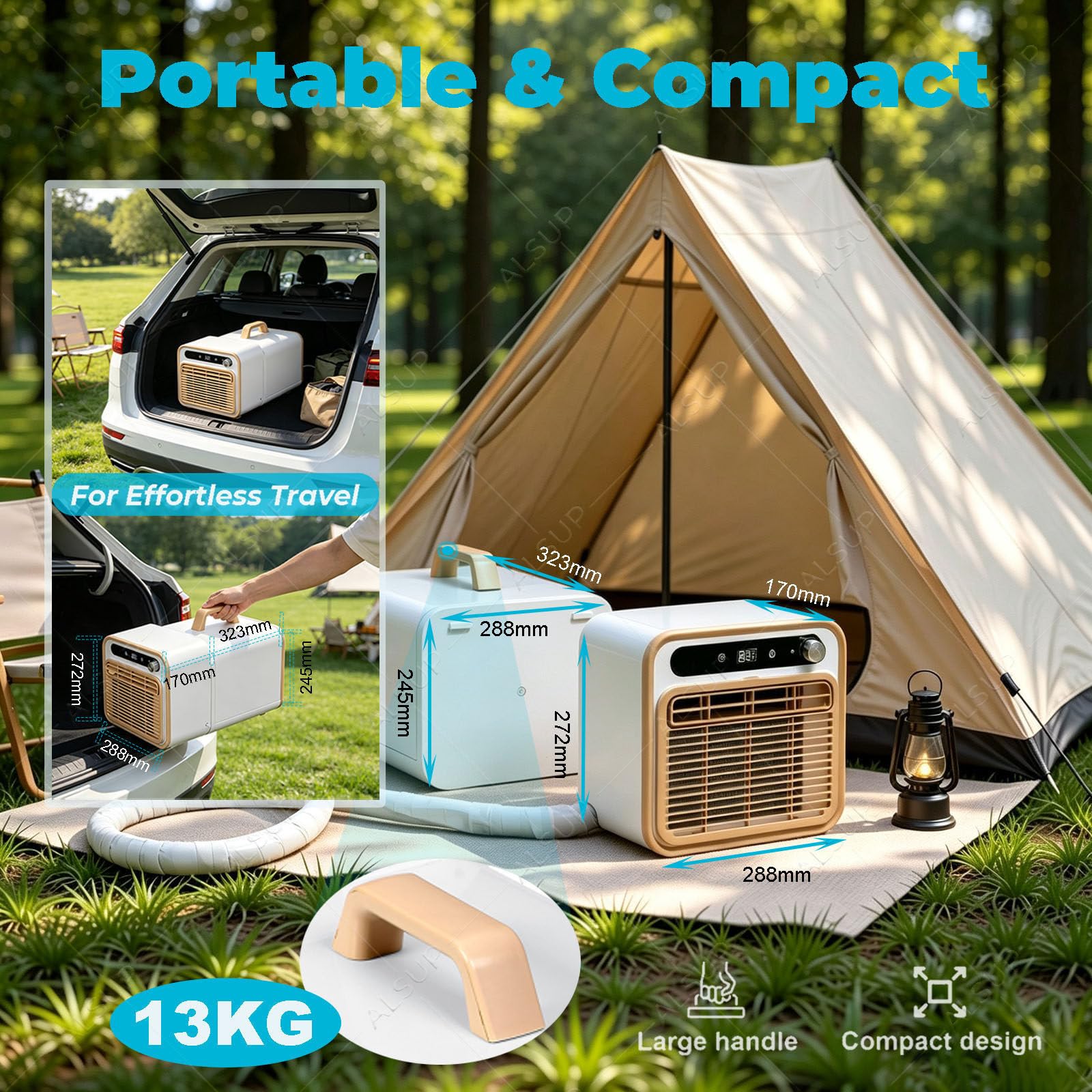 Aire Acondicionado Portátil Split, Refrigeración Rápida 2m | 1500 W, Control Remoto y Wifi, Función Temporizador de 12 h, Peso Ligero de 13 kg, para Caravanas, Camping y Aut