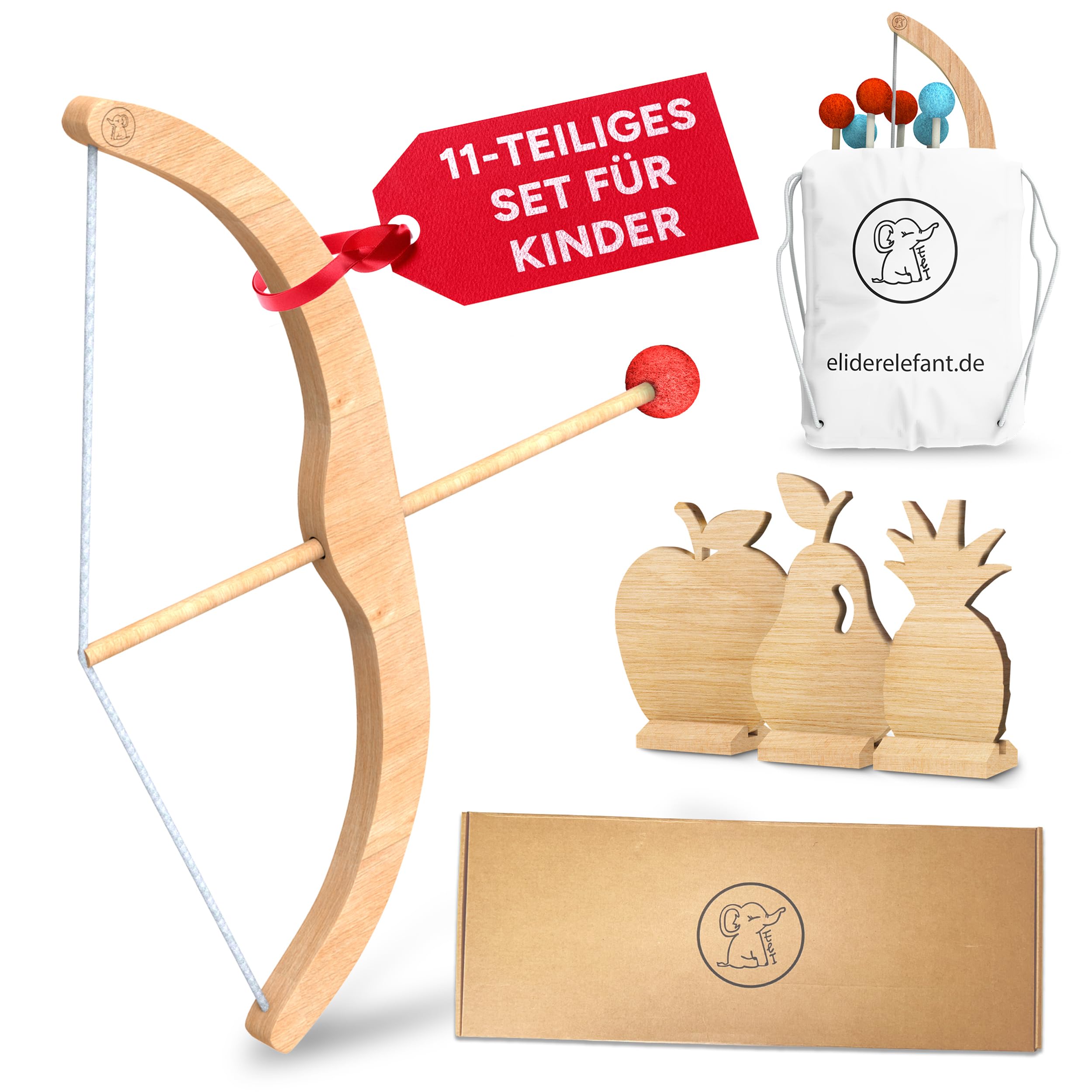 Eli® Pfeil und Bogen Kinder mit 6 Pfeilen aus Filz - 3 Zielscheiben inkl. Baumwollrucksack - Bogenschießen Kinder für Indoor und Outdoor - Spielzeug ab 3 Jahre - Holzspielzeug