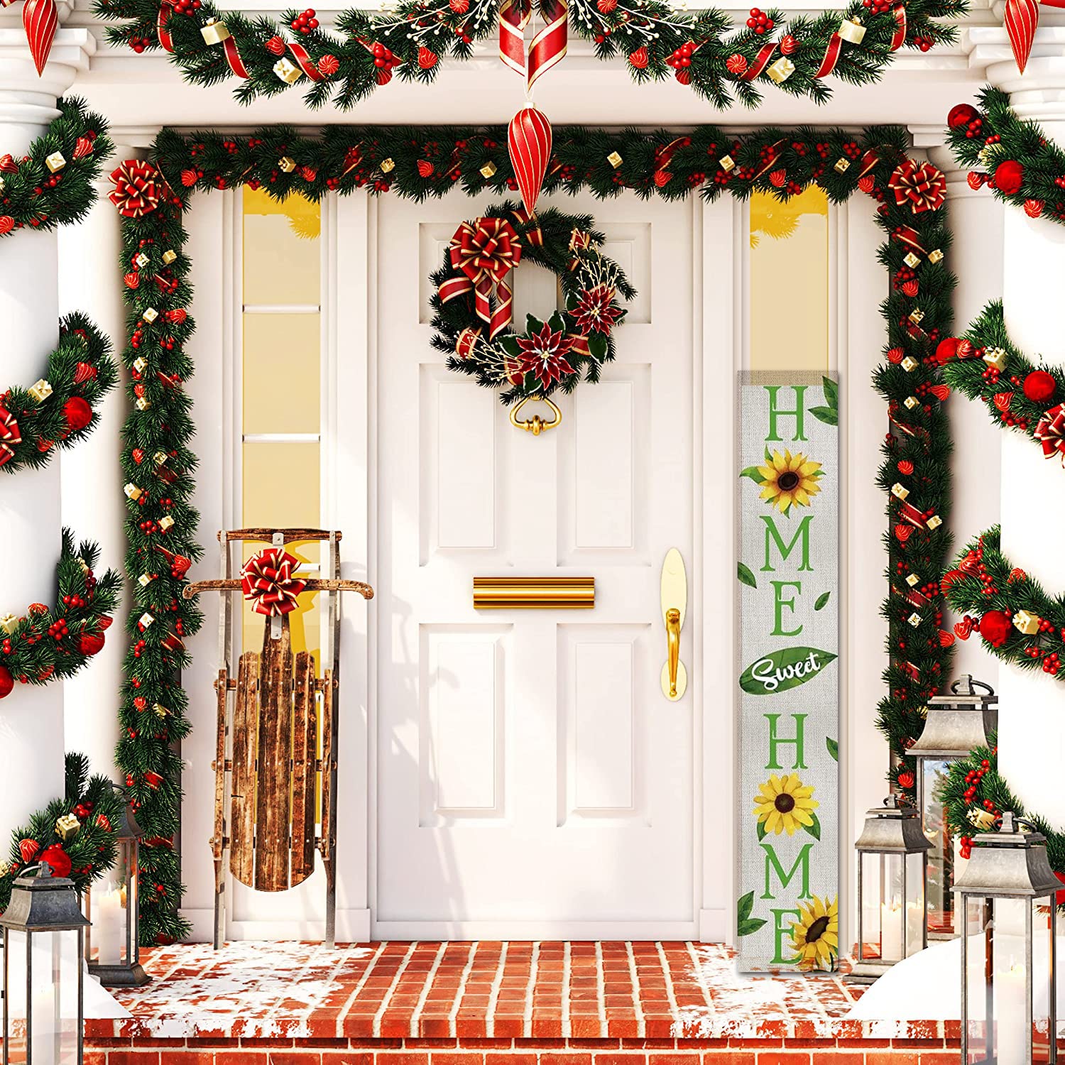 KMszsm Home Sweet Home Sonnenblumen/Vertikales Veranda-Schild mit Blumen/Veranda, Willkommensblumen-Schild/Veranda-Neigbar/Veranda-Schild, 20,3 x 121,9 cm