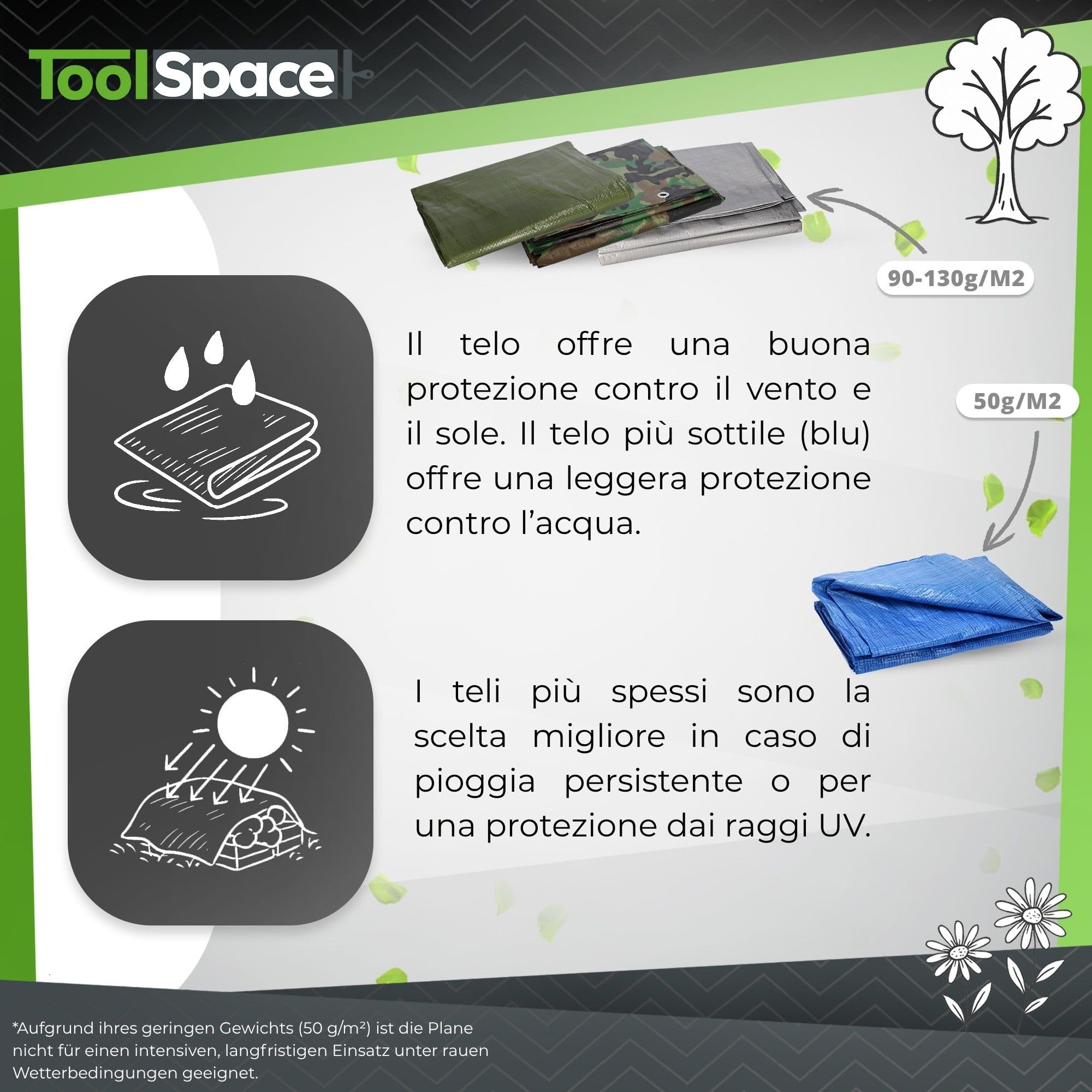 ToolSpace Telone in tessuto 10x15 m | Blu 50g/m² | Impermeabile | Telo per barca, legno, costruzione, campeggio
