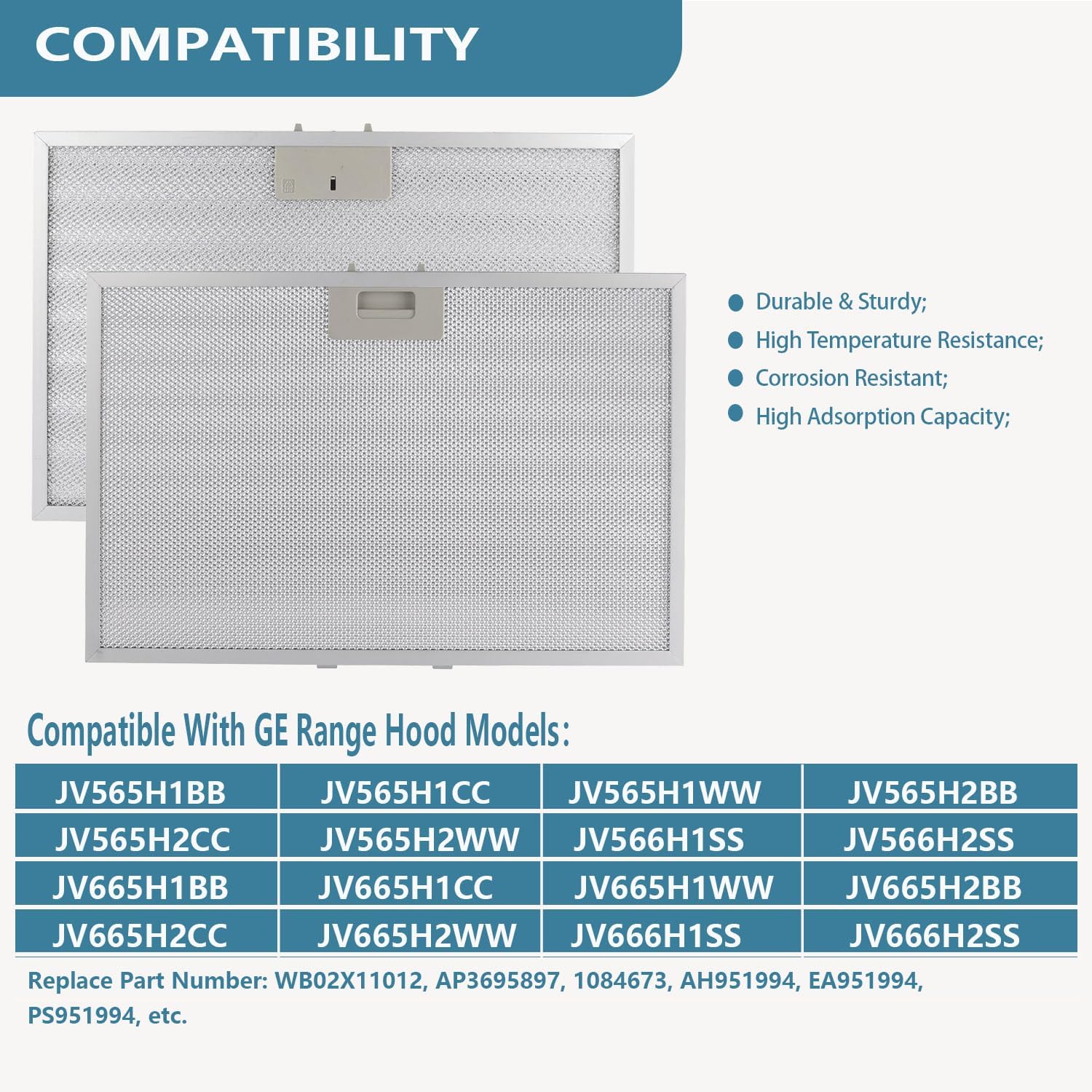 WB02X11012 Range Hood Filter 17.5" x 11.6" Replacement For GE Range Hood JV566H1SS JV665H1BB JV665H1CC JV665H1WW Kitchen Exhaust Fan Stove Hood Vent Filter 5-Layer Aluminum Mesh Grease Filter 2 Pack