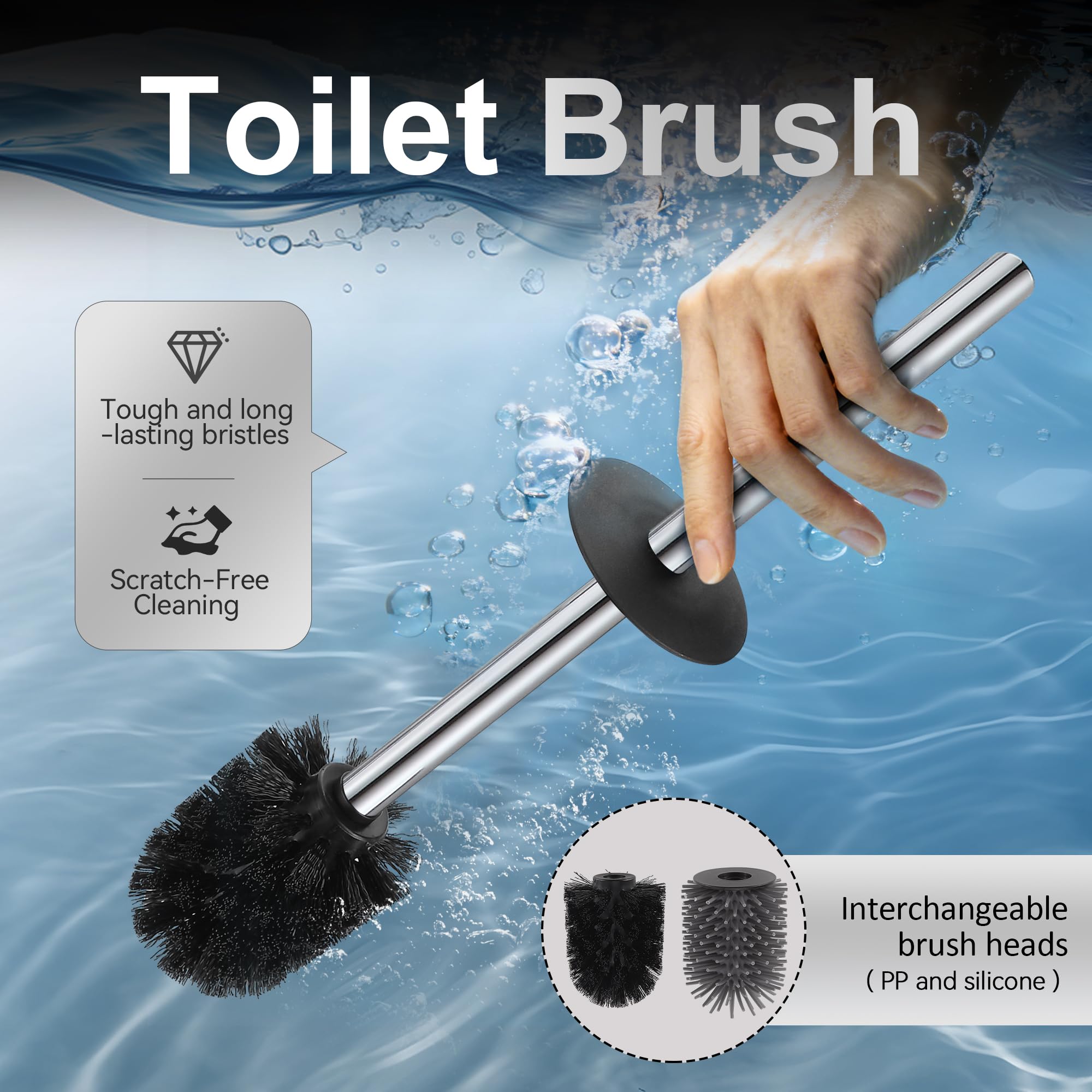 DAZI Portarrollos Papel higienico con escobilla WC Acero Inoxidable – escobillero y portarrollos baño Acabado Cromado, 2 Cabezales Silicona y PP Ideal para baños de Invitados y aseos