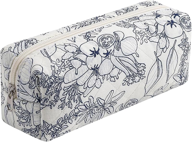 Necessaire de maquiagem WHHJM em algodão matelassê com estampa floral marinho e zíper, 1 unidade