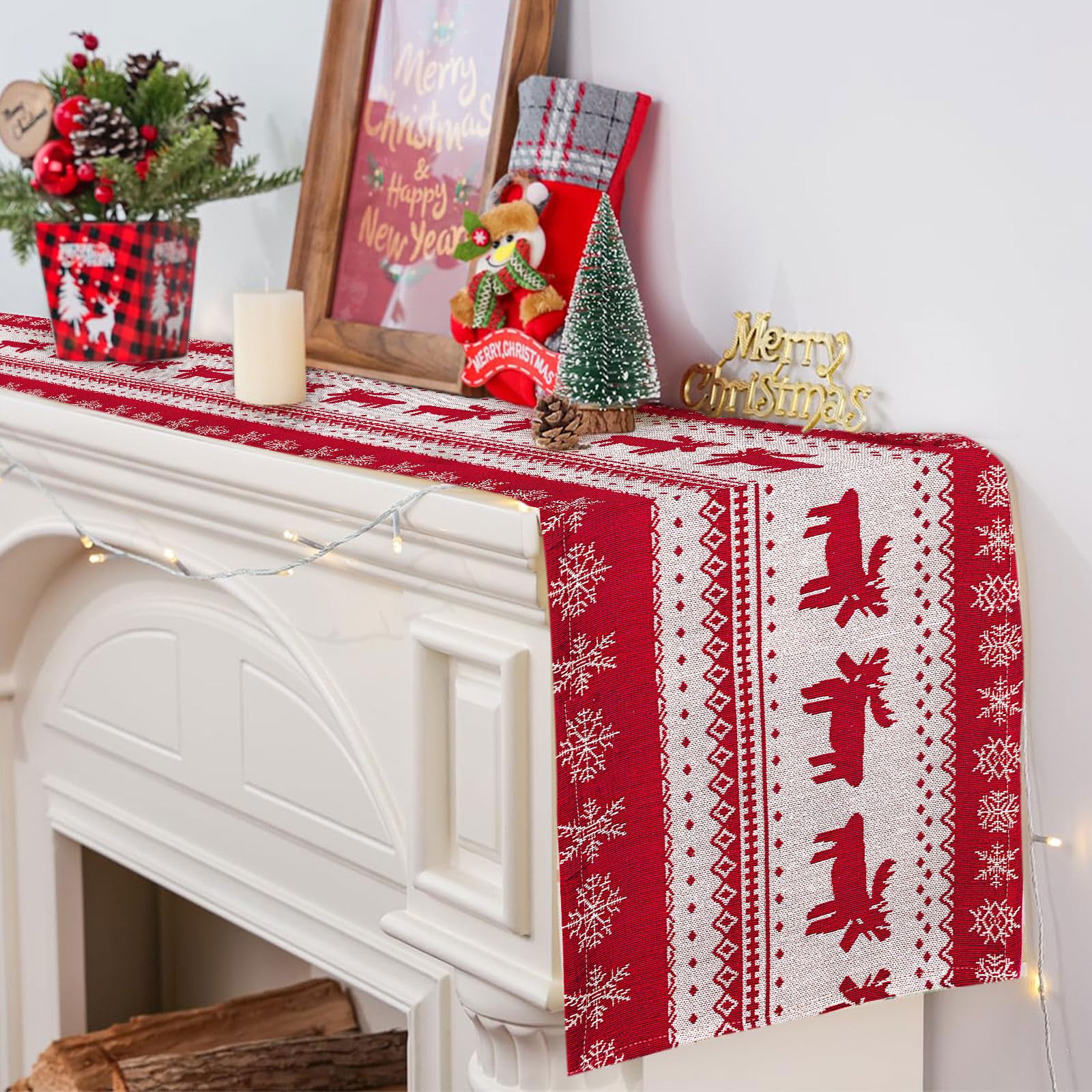 Kersttafelloper, kerstdecoratie, binnen, rood, kersttafelloper, tafelkleed, 33 x 180 cm lang, rechthoekige kersttafelloper, tafeldecoratie, tafel, kerstloper, kerstdecoraties