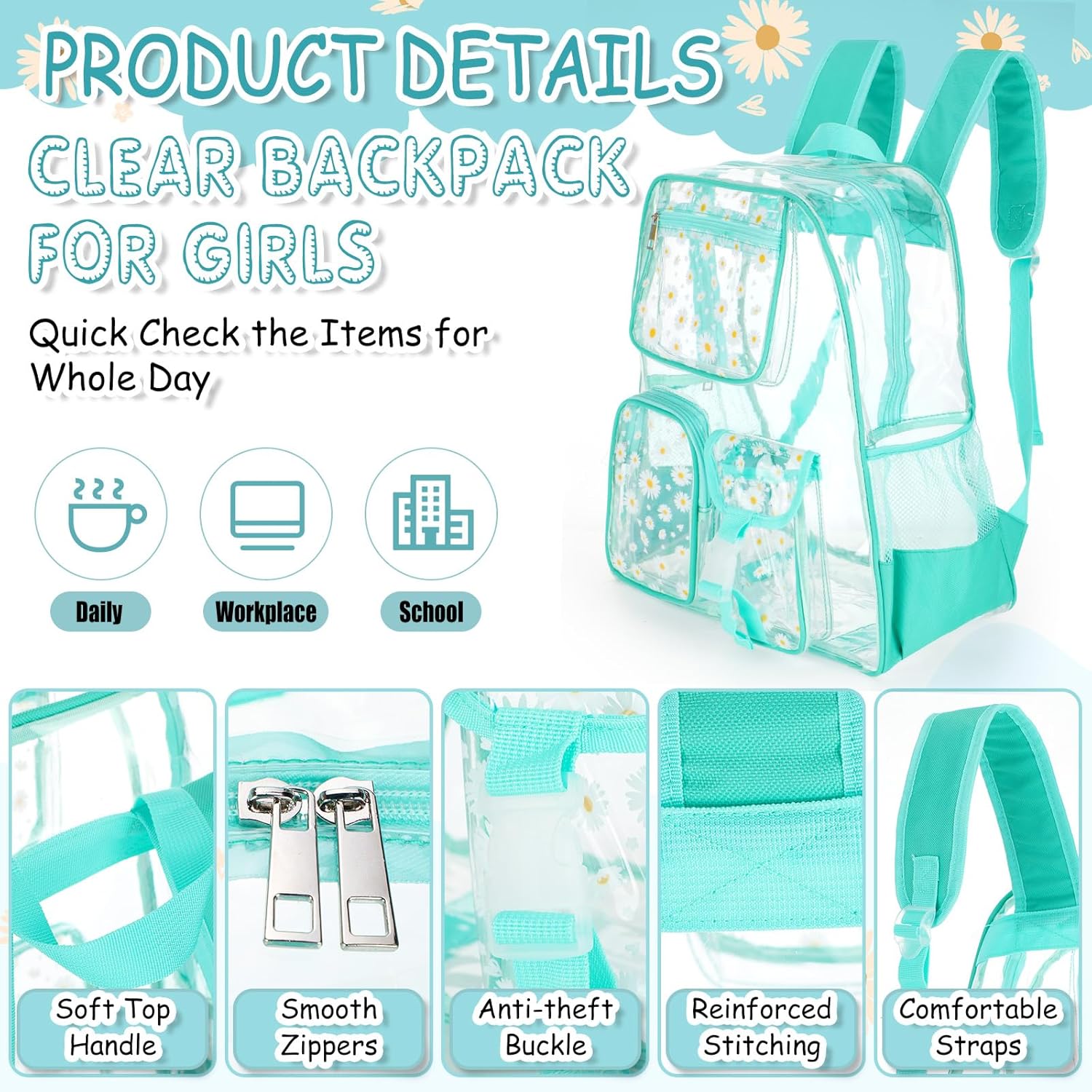 Aliceset 4pcs 17" Daisy Clear Backpack for Kids with Lunch Bags Pencil Case and Glass Bottle School Heavy Duty Bookbag Set(Mint Green) - Image 3