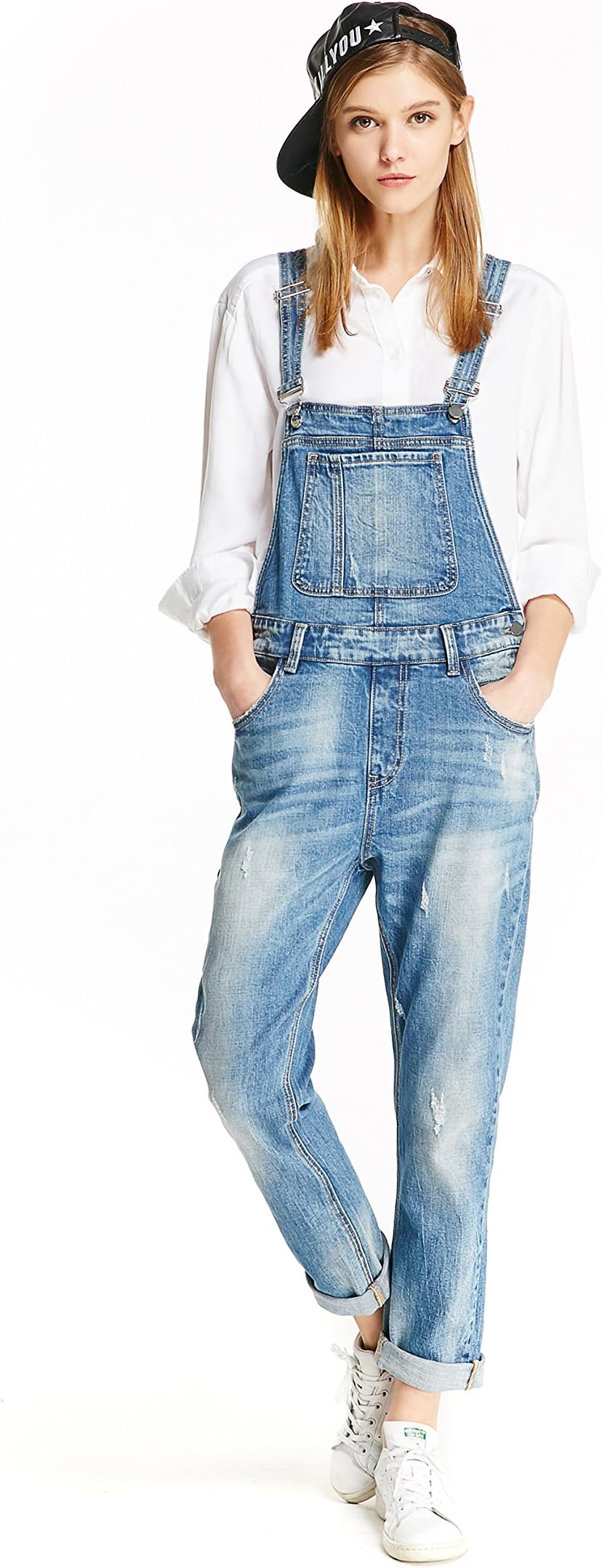 TRACK SEVEN Women's Basic Loose Stretch Straight Leg Denim Overalls Jeans Light Blue