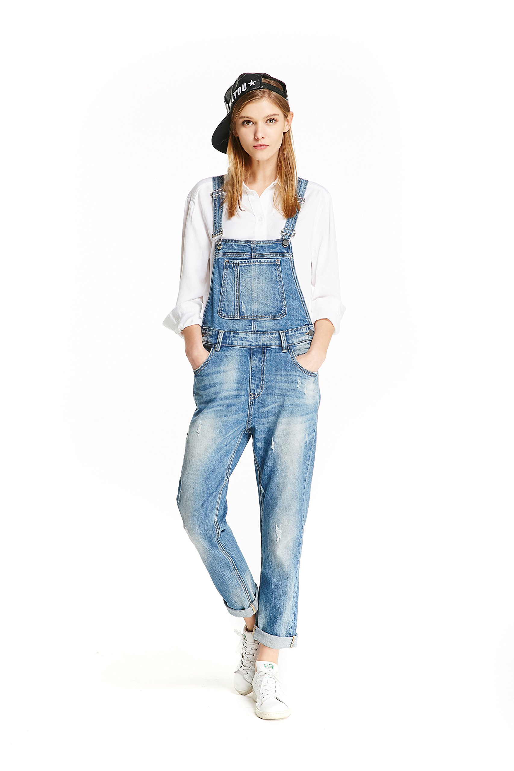 TRACK SEVEN Women's Basic Loose Stretch Straight Leg Denim Overalls Jeans Light Blue