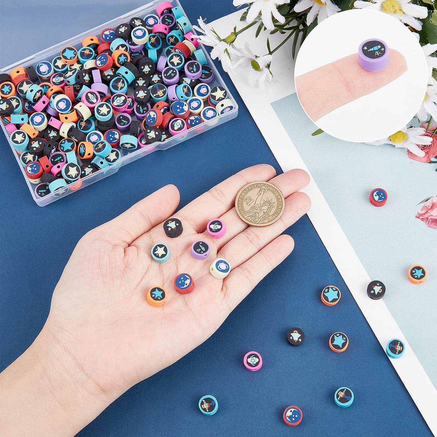 SUNNYCLUE 1 Box 200Pcs Handmade Polymer Clay Beads Kit Outer Space Theme Clay Handmade Beads Loose Spacers for Women Adults Jewelry Making Bracelet Necklace Earring Keychain Accessories image 3
