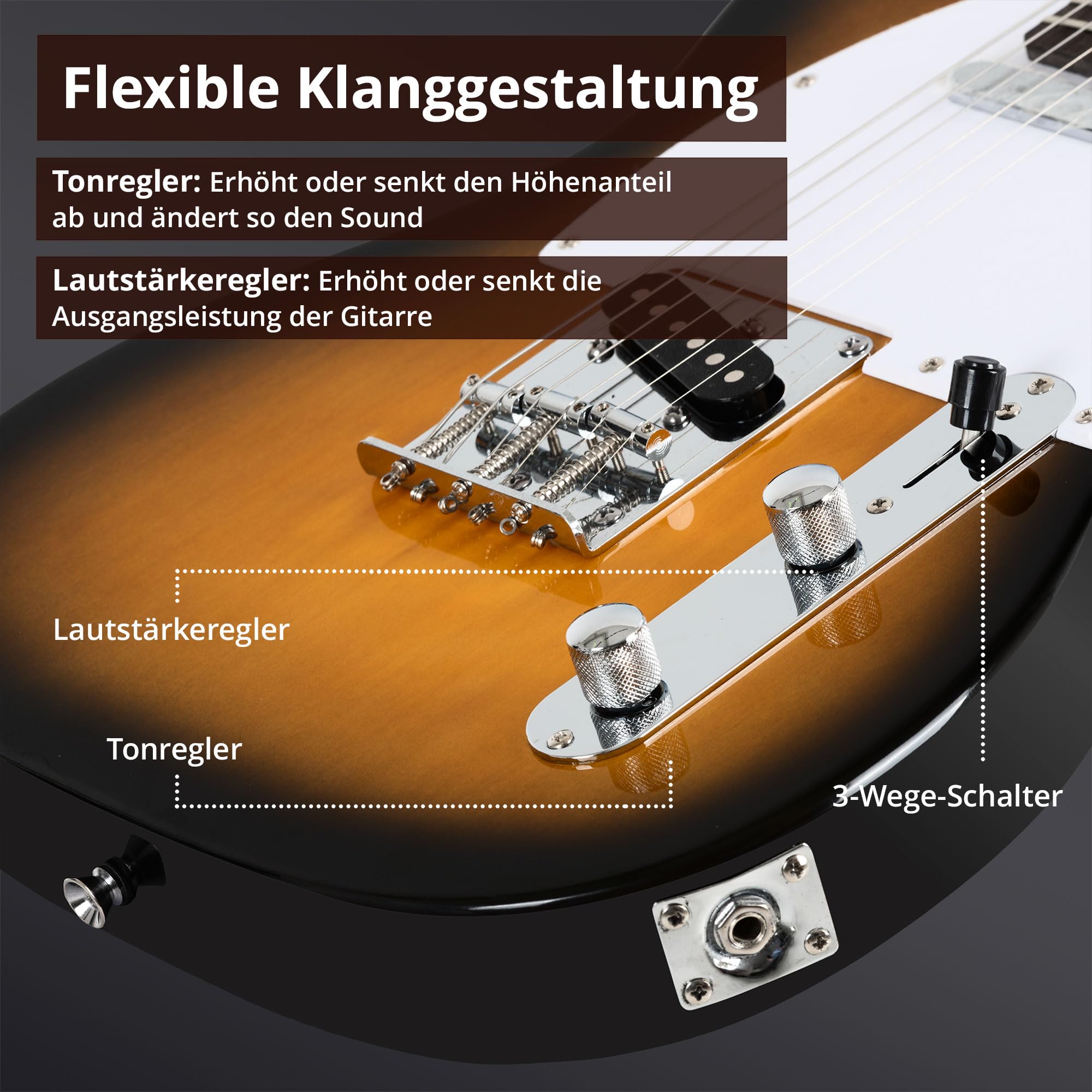 Rocktile Pro TL100-SB Guitarra Eléctrica 2-Tone Sunburst Set Con Accesorios | Modelo: TL100-SB, Serie: Pro Classic, Peso: aprox. 3, 6 kg, Número de cuerdas: 6, Orientación: Diestros, Cuerpo: tilo, 3 púas